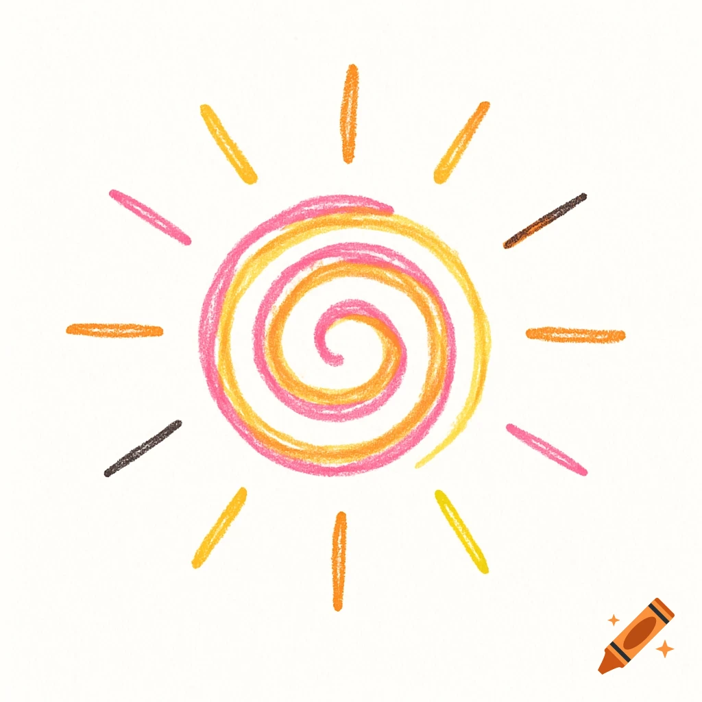 A colorful hand-drawn doodle of a swirling sun with radiating rays on a white background.