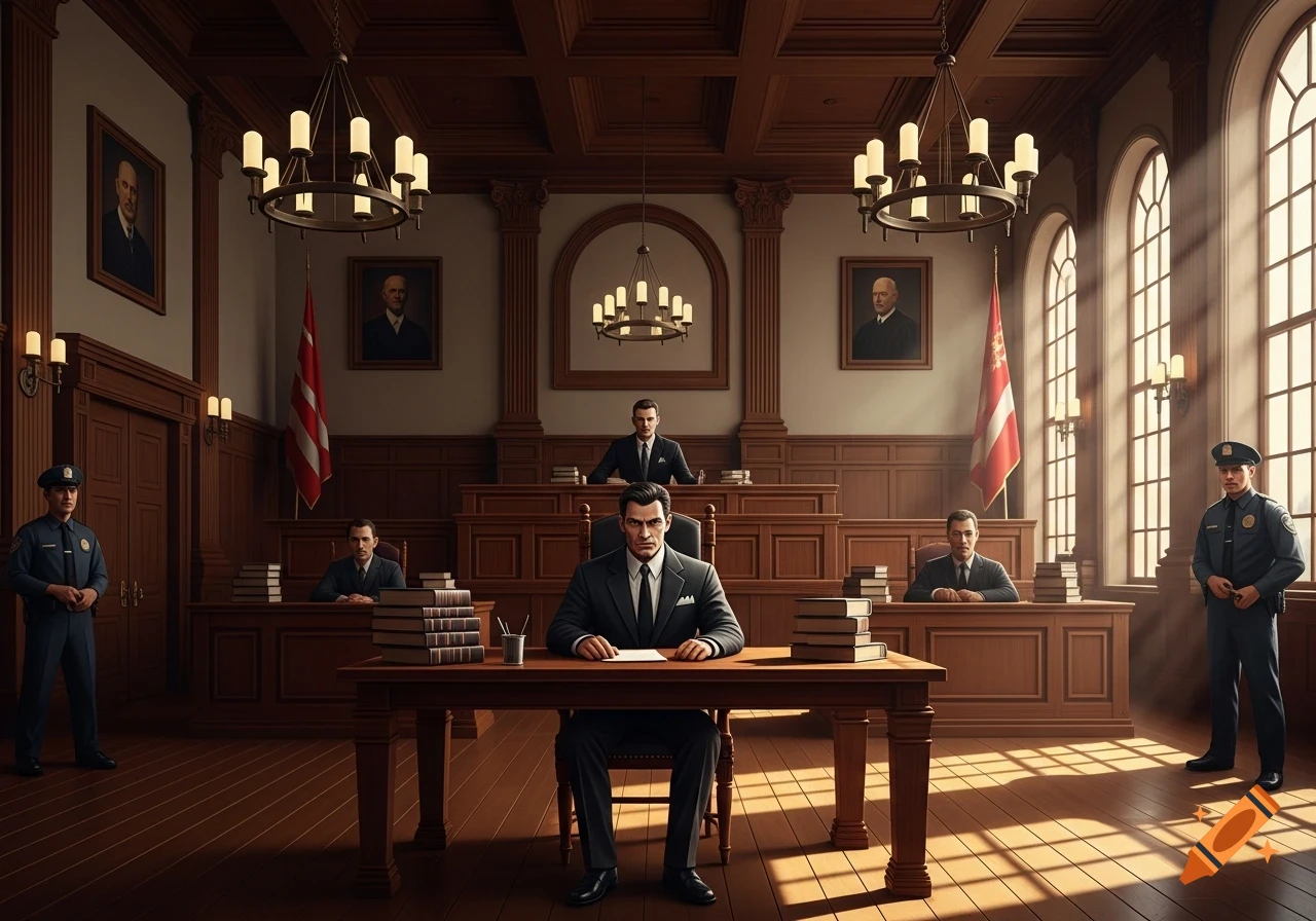 A man in a suit sits at a table in a grand courtroom, surrounded by other men in suits, police officers, and legal books.