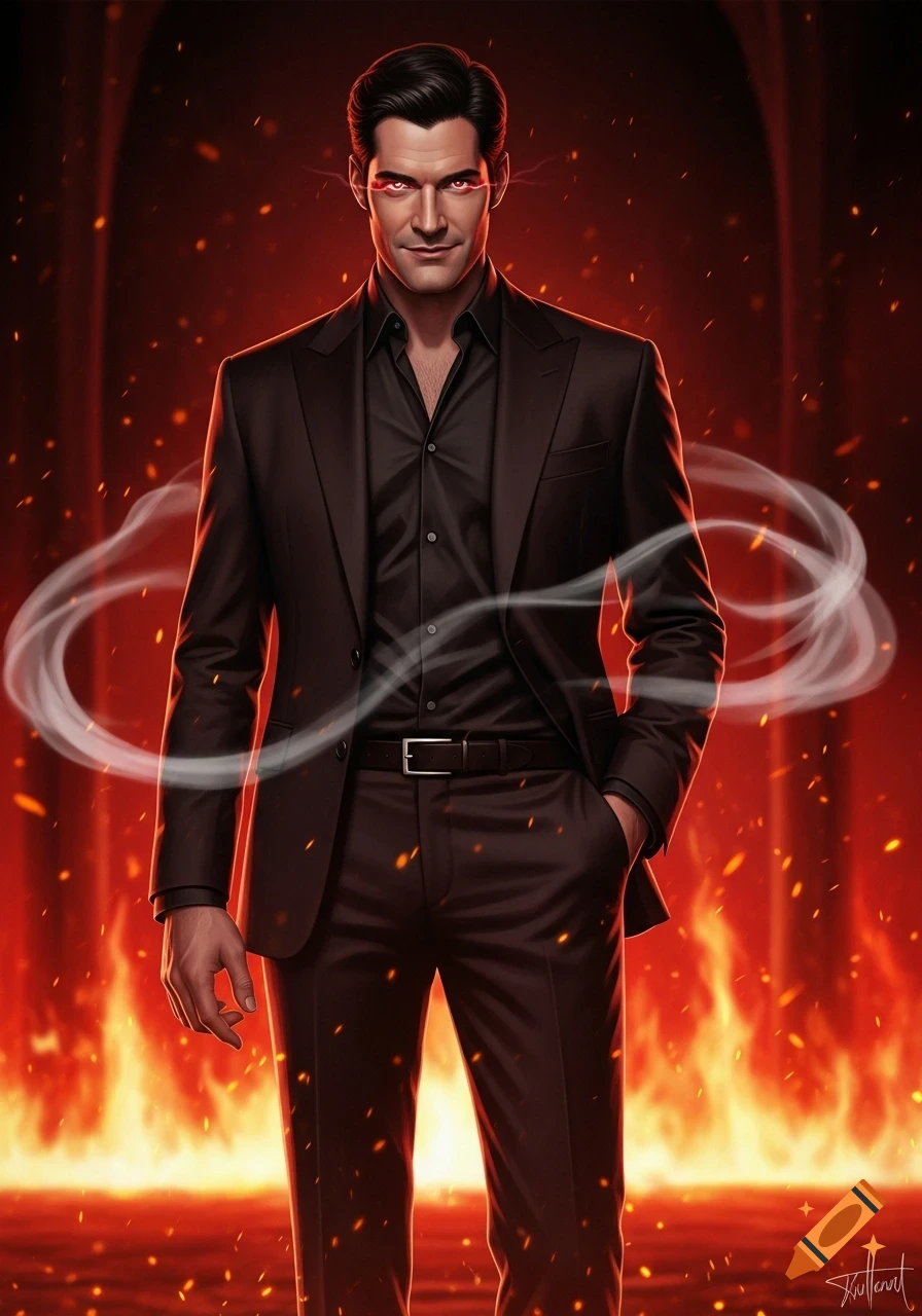 Digital art of a man in a dark suit with glowing red eyes and a sinister smile, surrounded by fire and smoke.