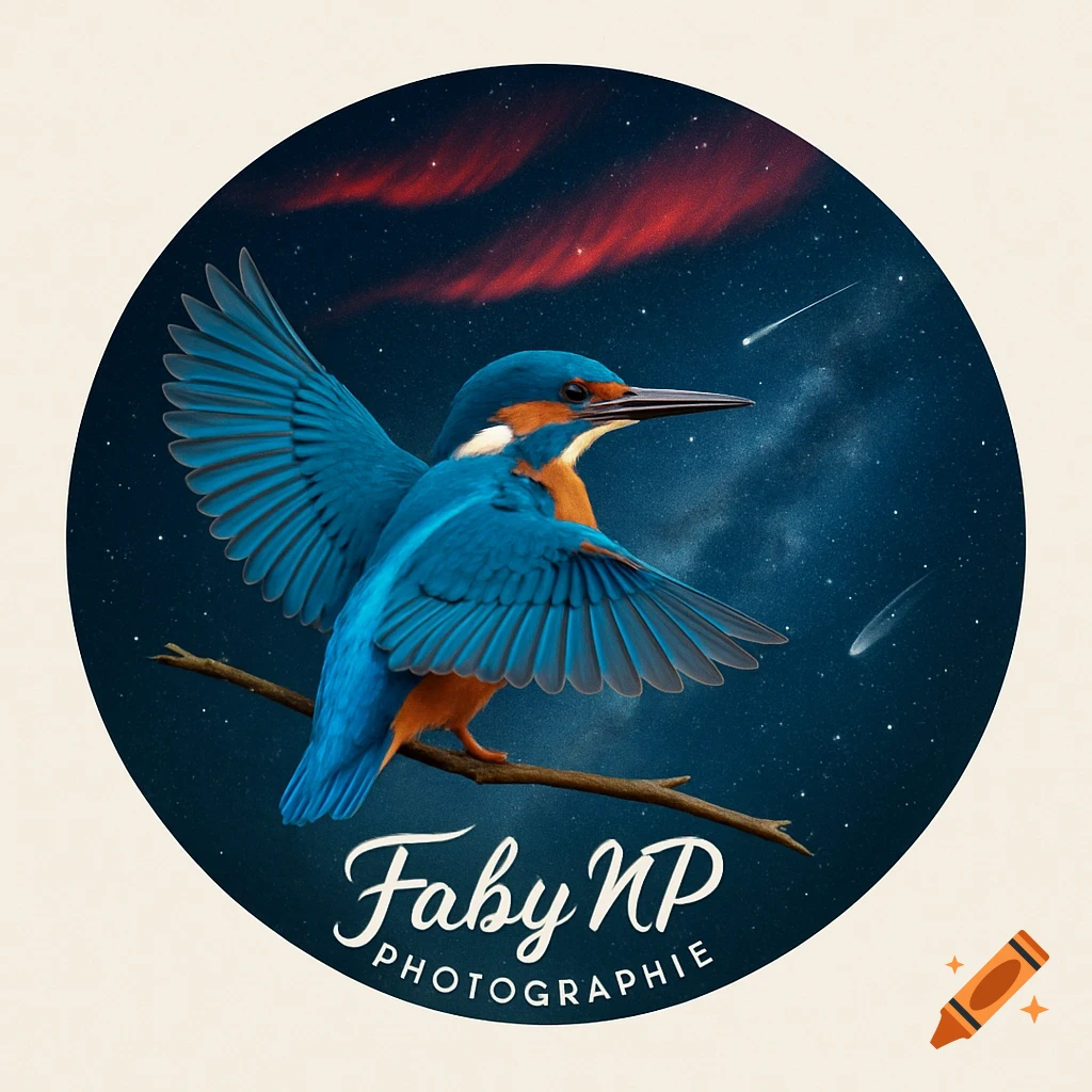 A kingfisher on a branch with outstretched wings, set against a starry night sky with a red aurora and meteors, inside a circular logo.