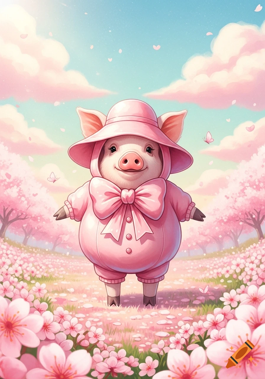 A cute cartoon pig in a pink costume and hat, adorned with a bow, in a field of pink cherry blossoms.