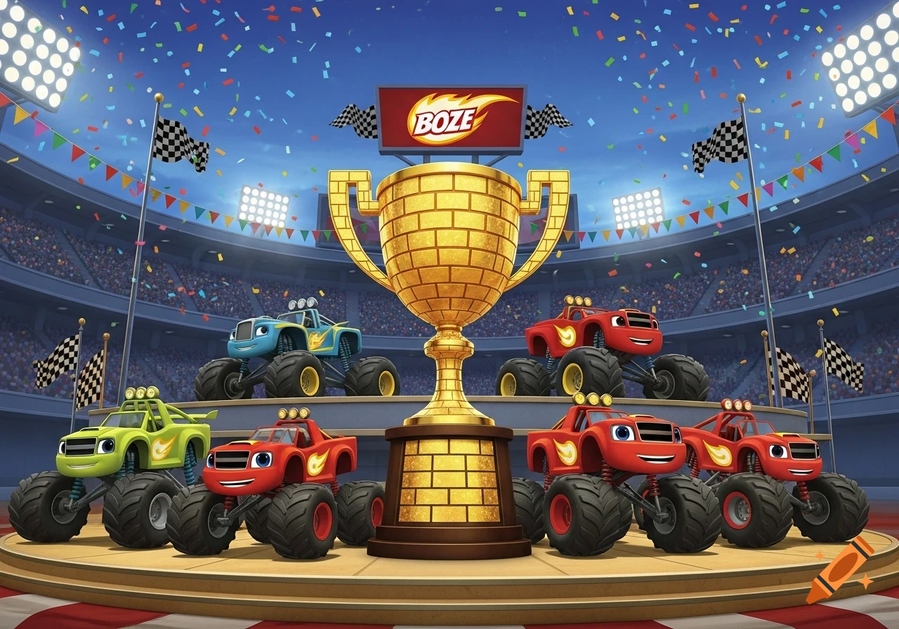 Cartoon monster trucks, resembling Blaze and the Monster Machines characters, line up around a large gold trophy in a stadium with confetti.