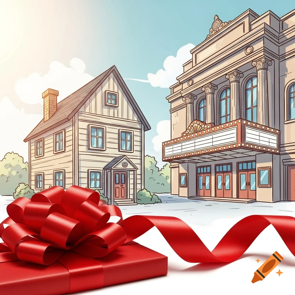 A cartoonish illustration of a house with a large red gift box and ribbon in the foreground, and a theater building on the right under a bright sky.