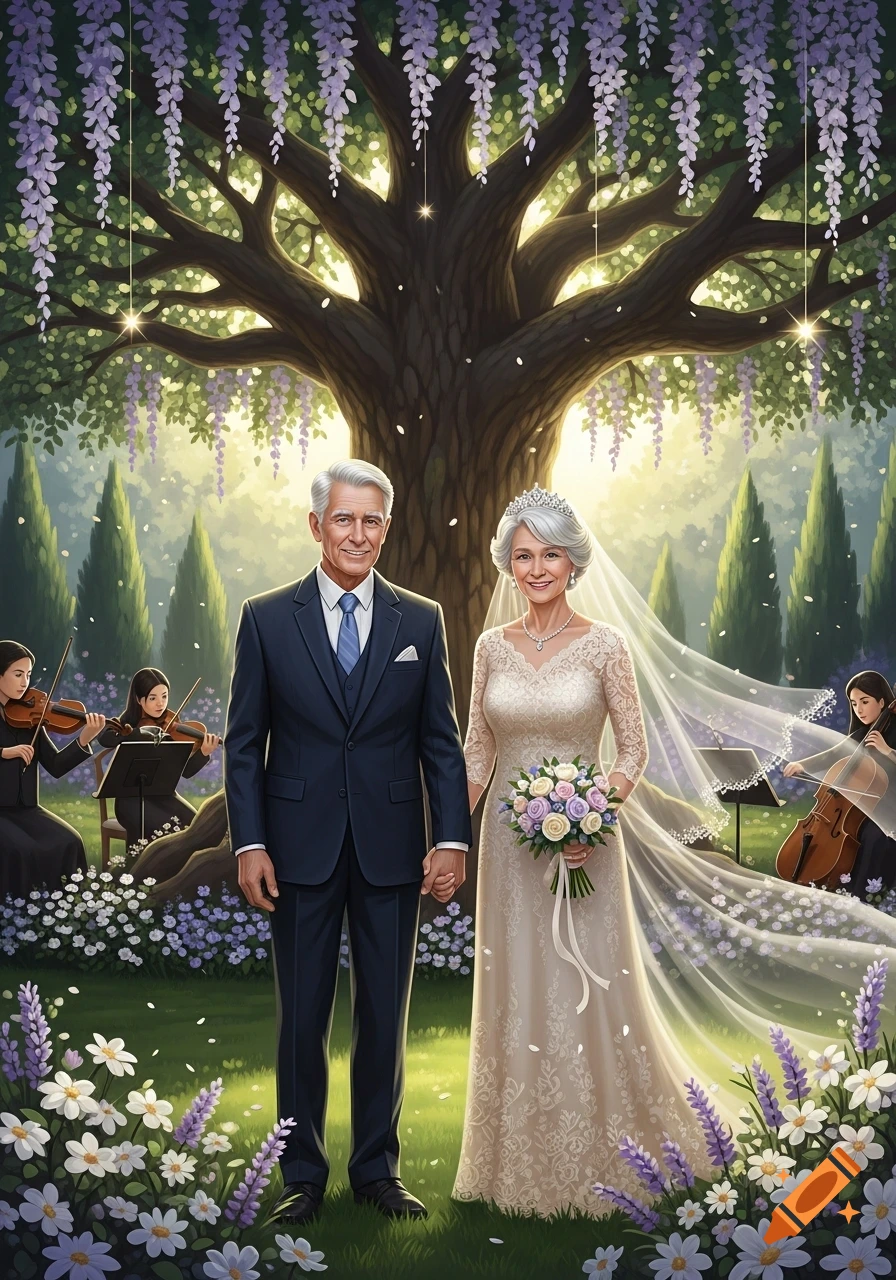 Illustrative image of an elderly couple in wedding attire holding hands under a large wisteria tree in a garden, with musicians playing.