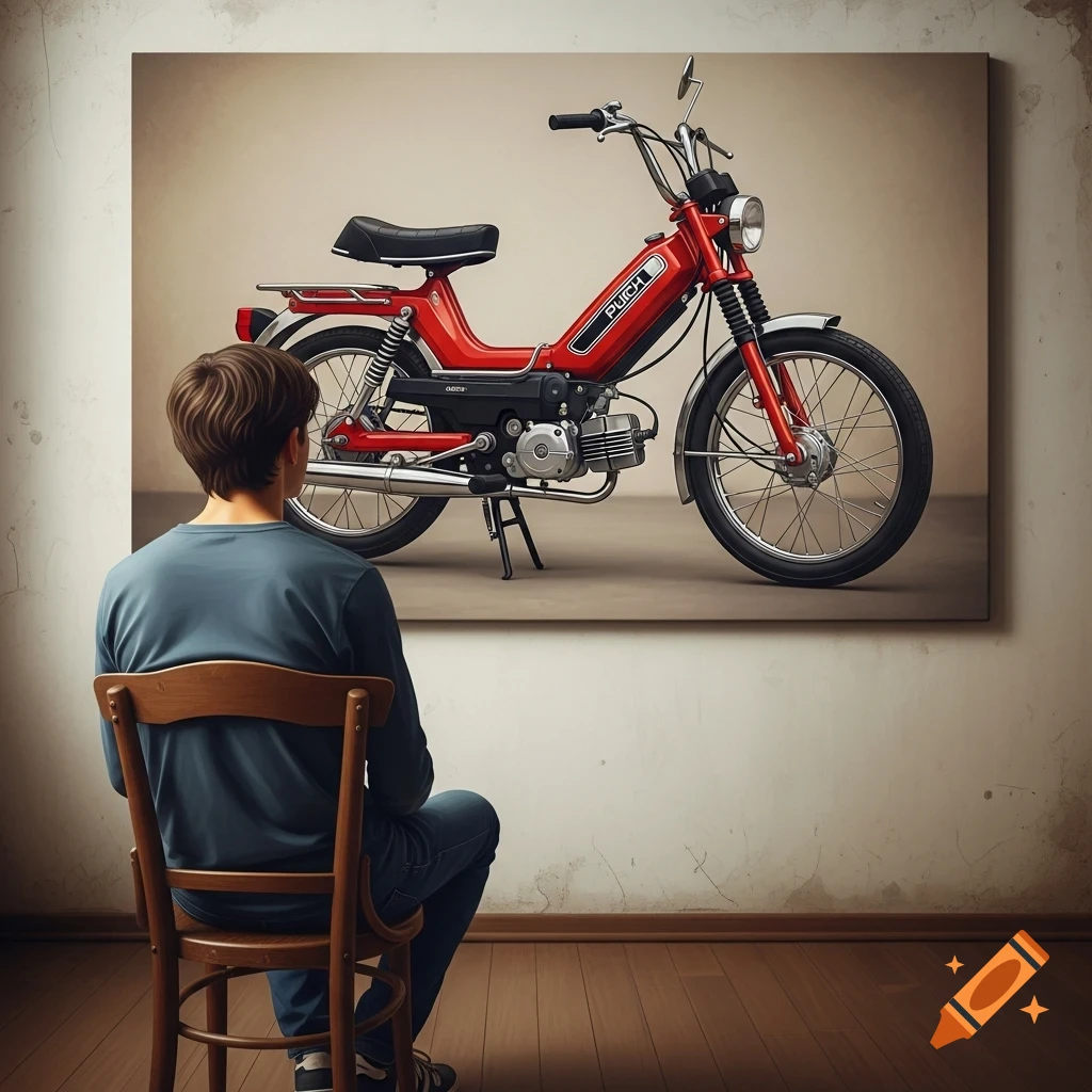A person sitting on a chair, viewed from behind, looking at a large painting of a red vintage Puch moped hanging on a wall.