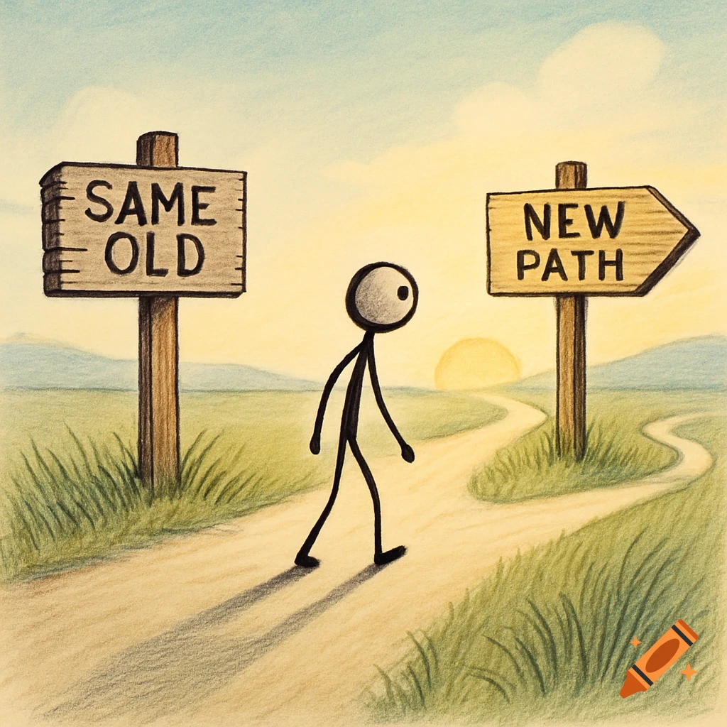 A stick figure stands at a crossroads, looking towards a sign that reads "NEW PATH," while another sign points to "SAME OLD." Stylized drawing.