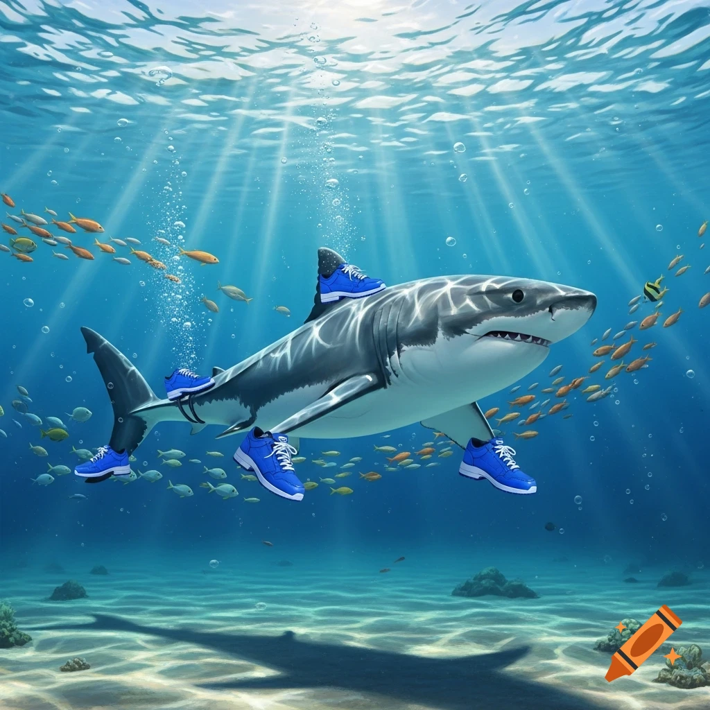 A photorealistic great white shark swims underwater, adorned with several bright blue sneakers on its fins and back, surrounded by schools of fish and sunbeams.