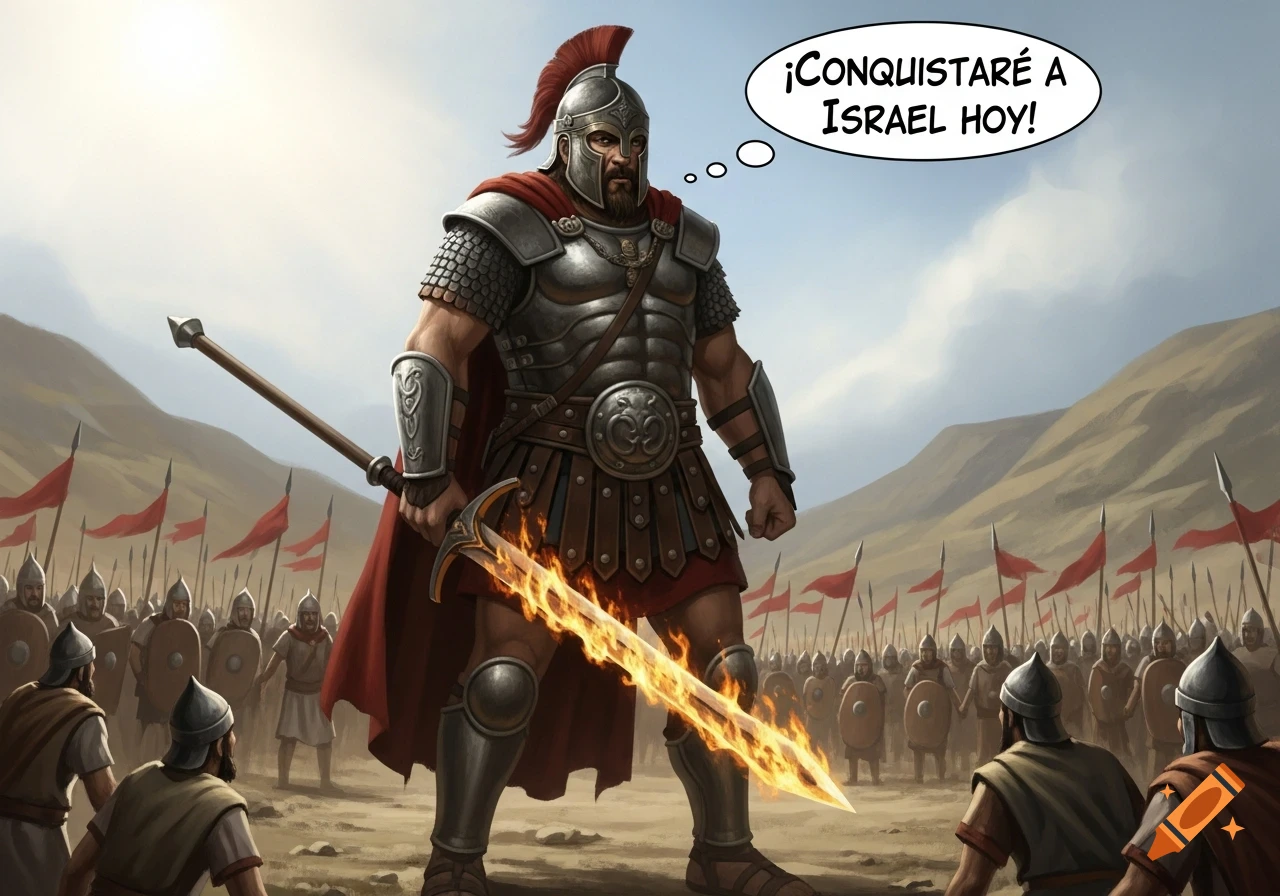 Giant armored warrior Goliath with a fiery sword confronts an army; a thought bubble reads "¡Conquistaré a Israel hoy!"