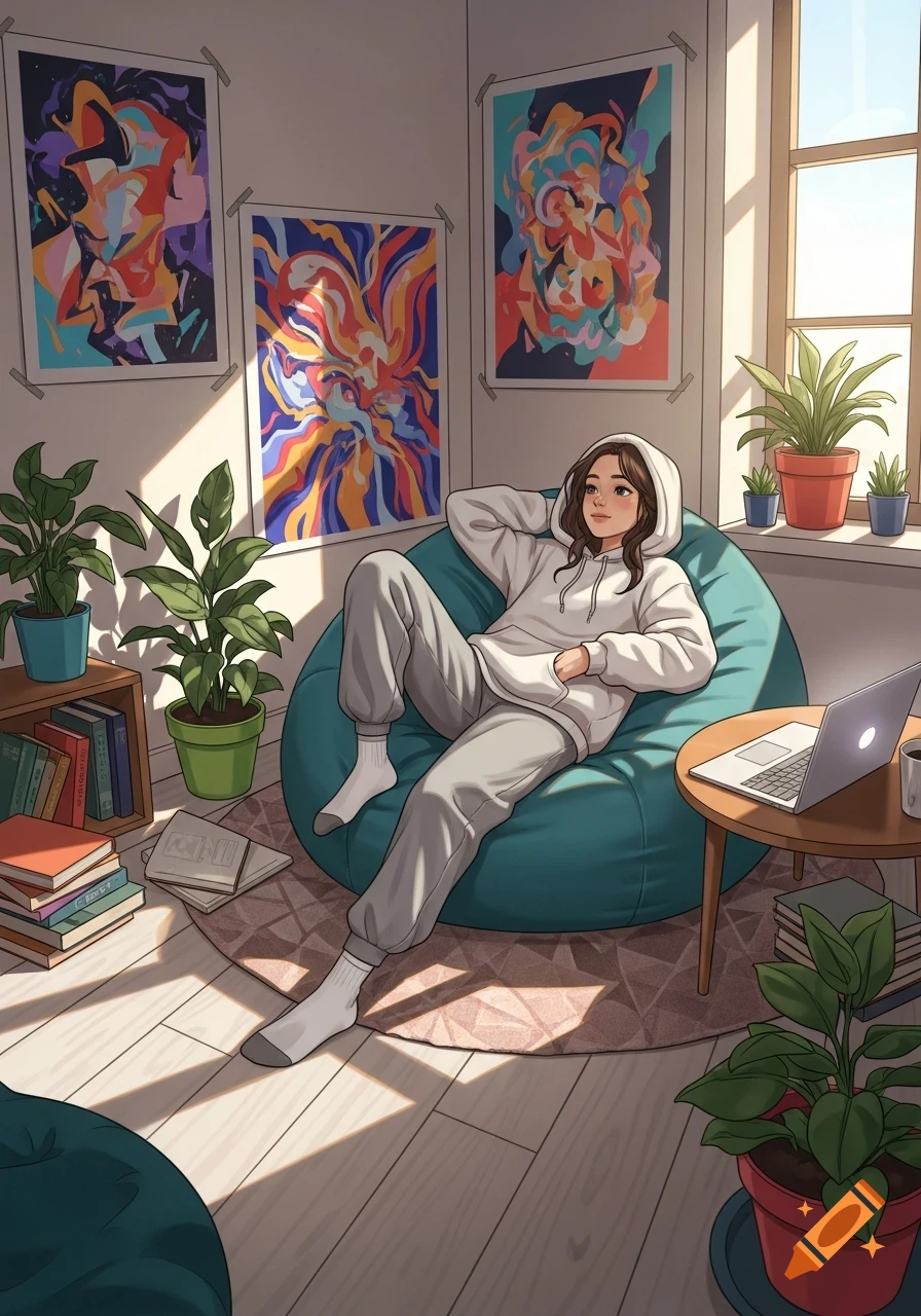 Anime style illustration of a girl in a white hoodie and grey sweatpants relaxing on a teal bean bag in a sunlit room with plants and abstract art.
