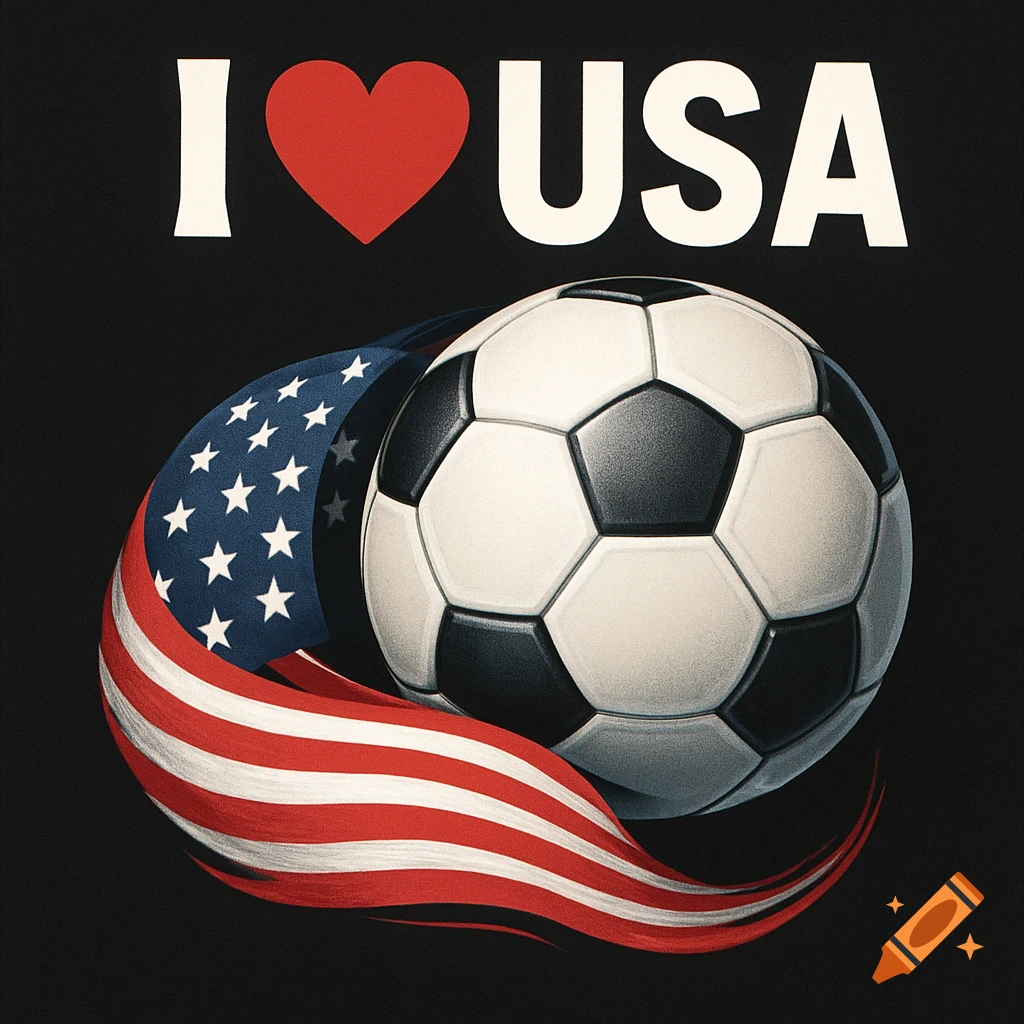 A graphic tee design with 'I USA', a soccer ball, and a flowing American flag ribbon on a black background.