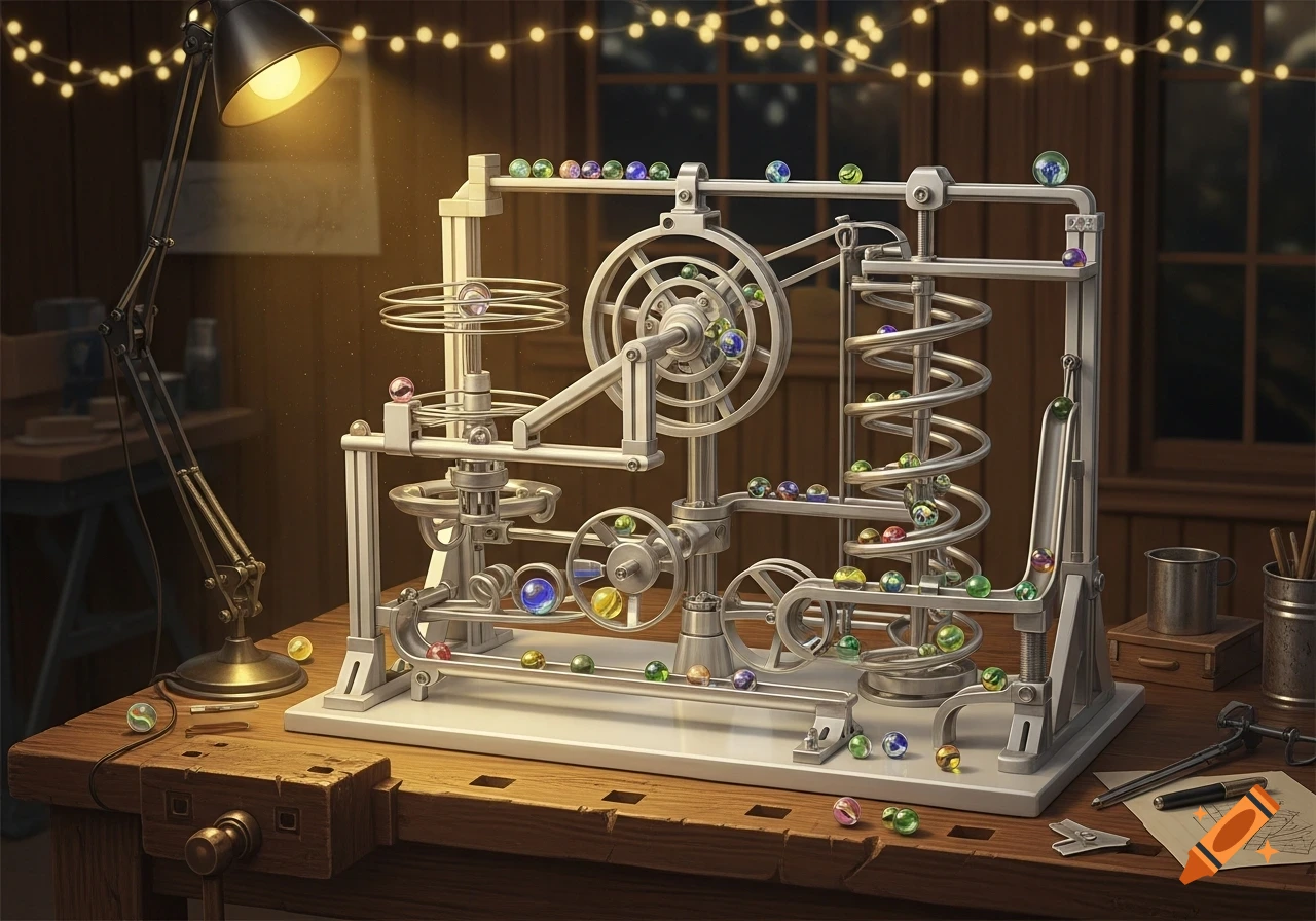 A detailed silver marble machine with colorful marbles on a wooden workbench, illuminated by a desk lamp, with string lights behind.