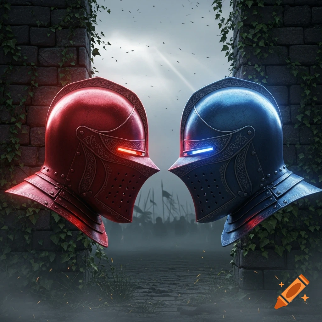 Two glowing knight bascinet helmets, red and blue, face each other between ivy-covered stone ruins with a misty battlefield in the background.