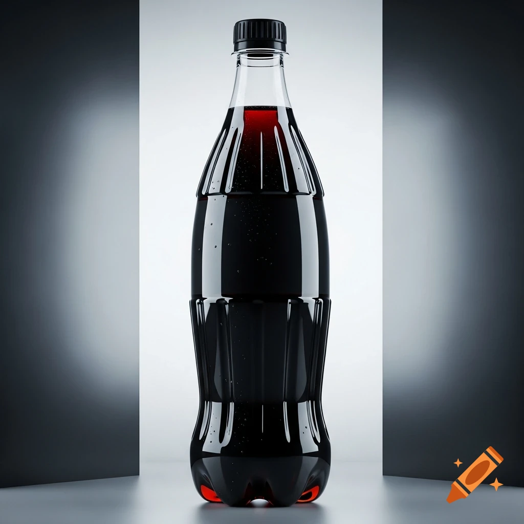 A photorealistic clear plastic soda bottle filled with a dark red beverage, featuring a black cap, against a light and dark gray background.