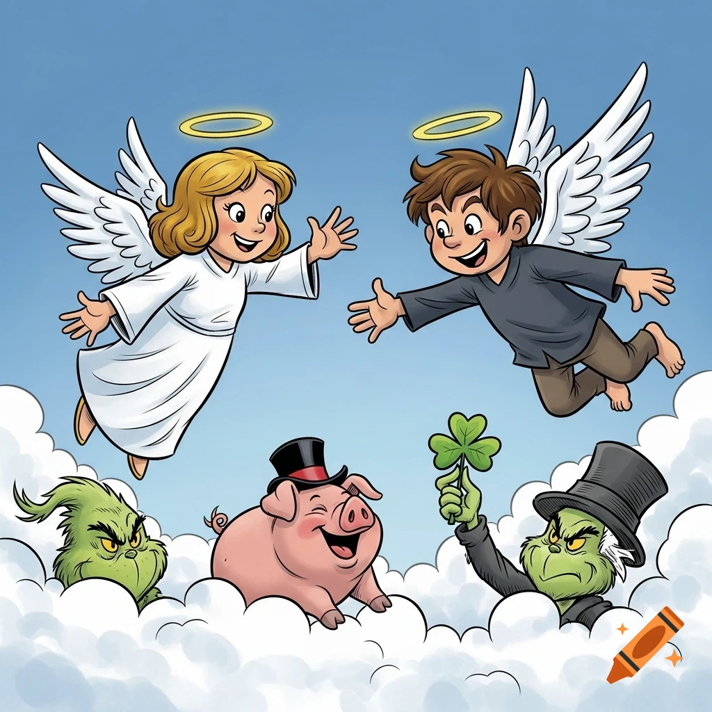 A whimsical cartoon shows a male and female angel flying above clouds. Below them are a grinning pig in a top hat and two green Grinch-like characters, one holding a shamrock.