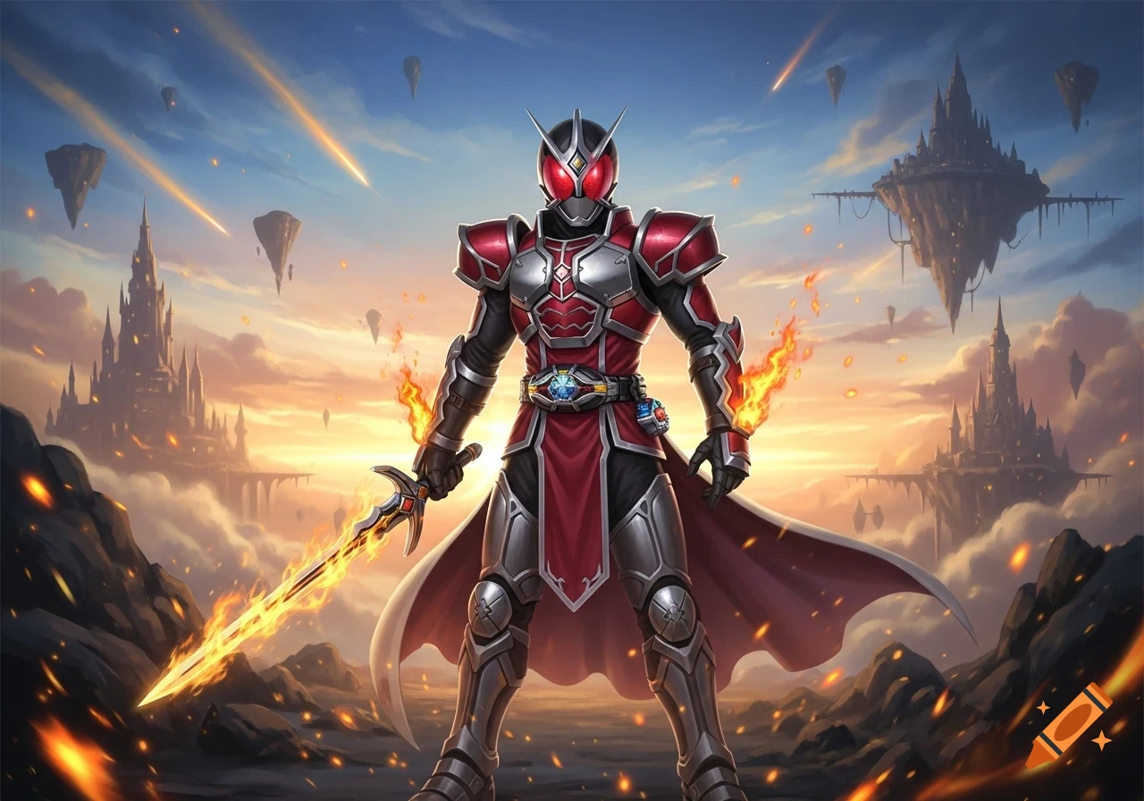 A superhero in red and silver armor with a flaming sword stands before floating castles and a dramatic sunset sky.