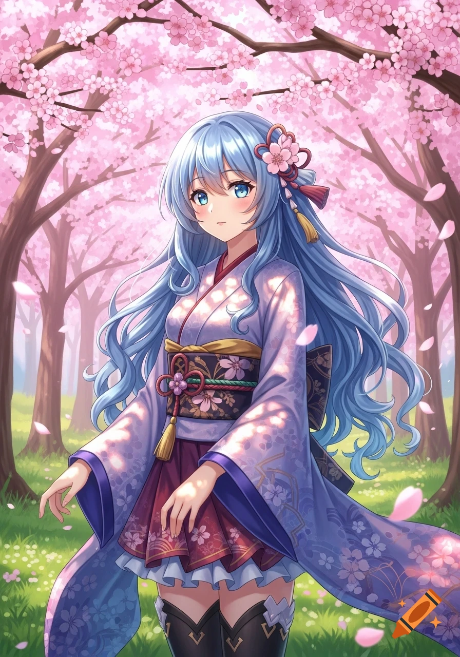 An anime girl with blue hair wearing a purple kimono stands among pink ...