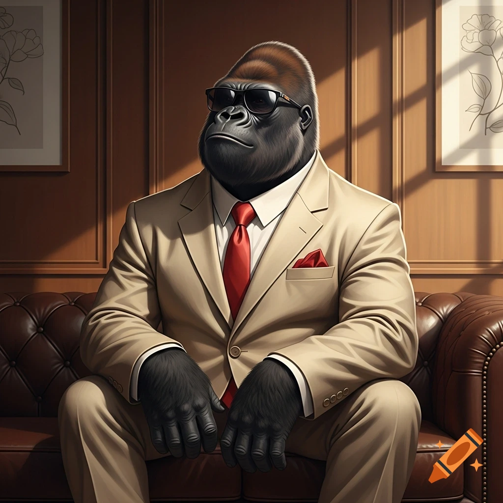 A sophisticated gorilla in a beige suit, red tie, and dark sunglasses sits composedly on a brown leather sofa.