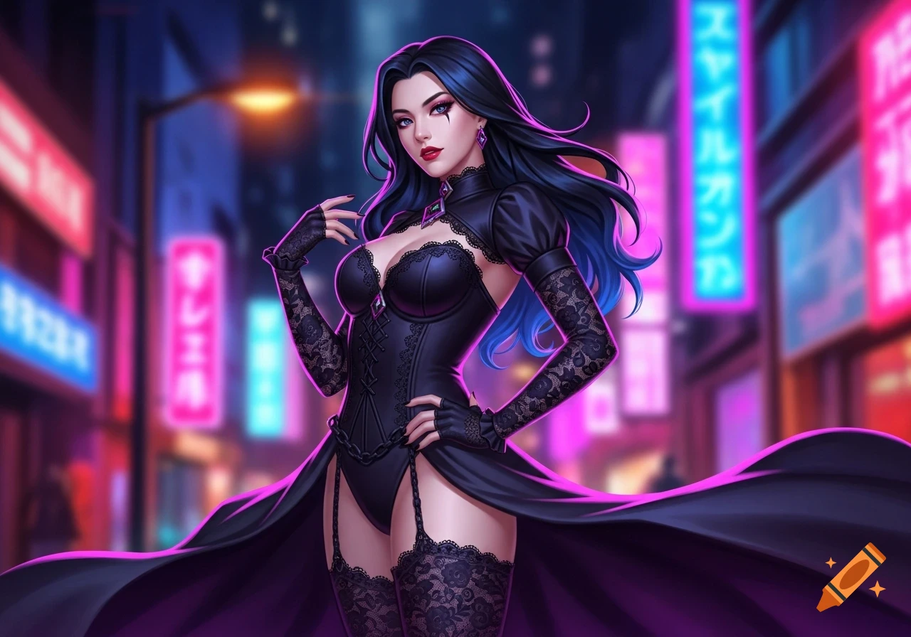 A stylized woman with long dark hair, wearing a black gothic-style outfit with a flowing cape, stands in a neon-lit city street.