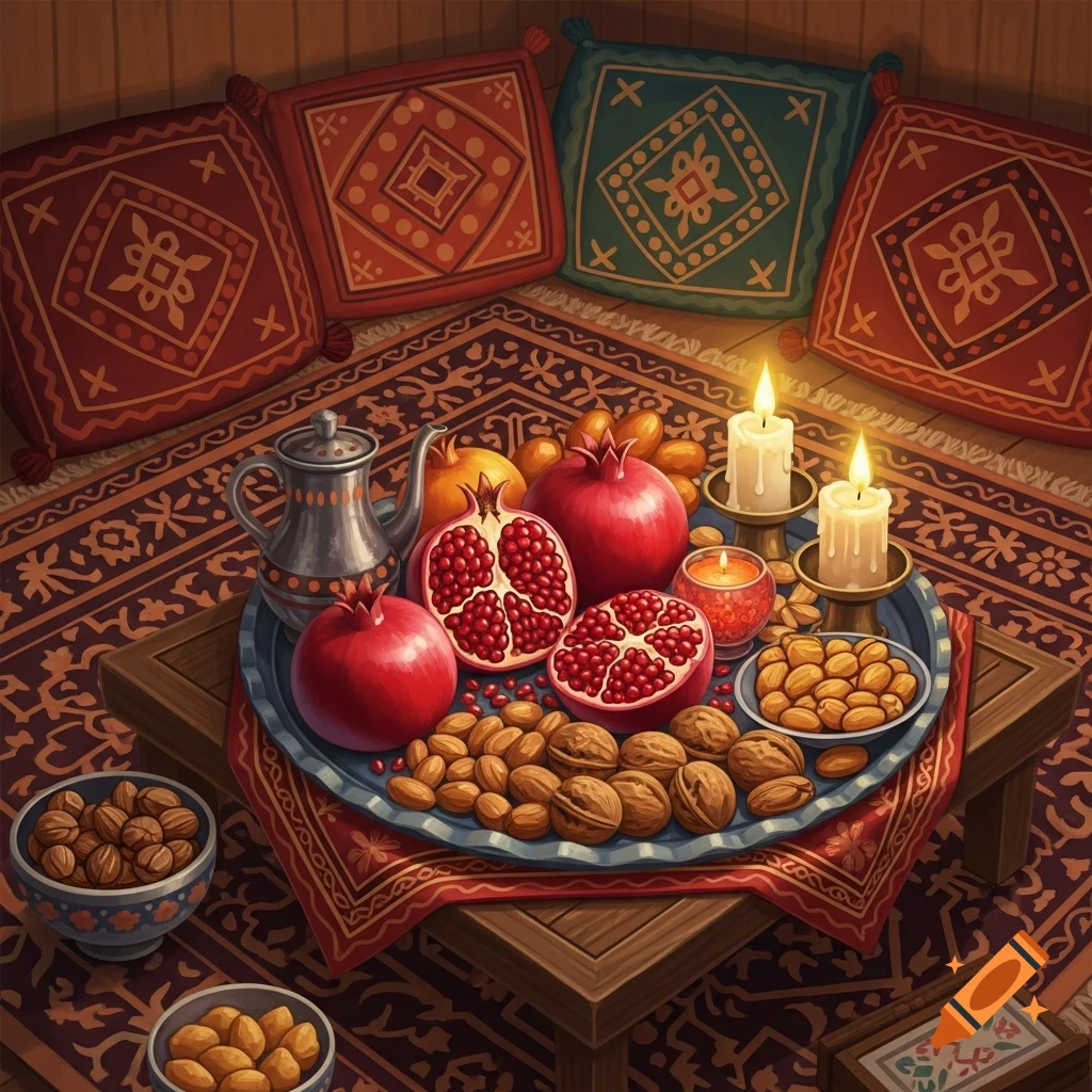 A festive Yalda Night spread with pomegranates, nuts, lit candles, a teapot, and patterned cushions on a rug.