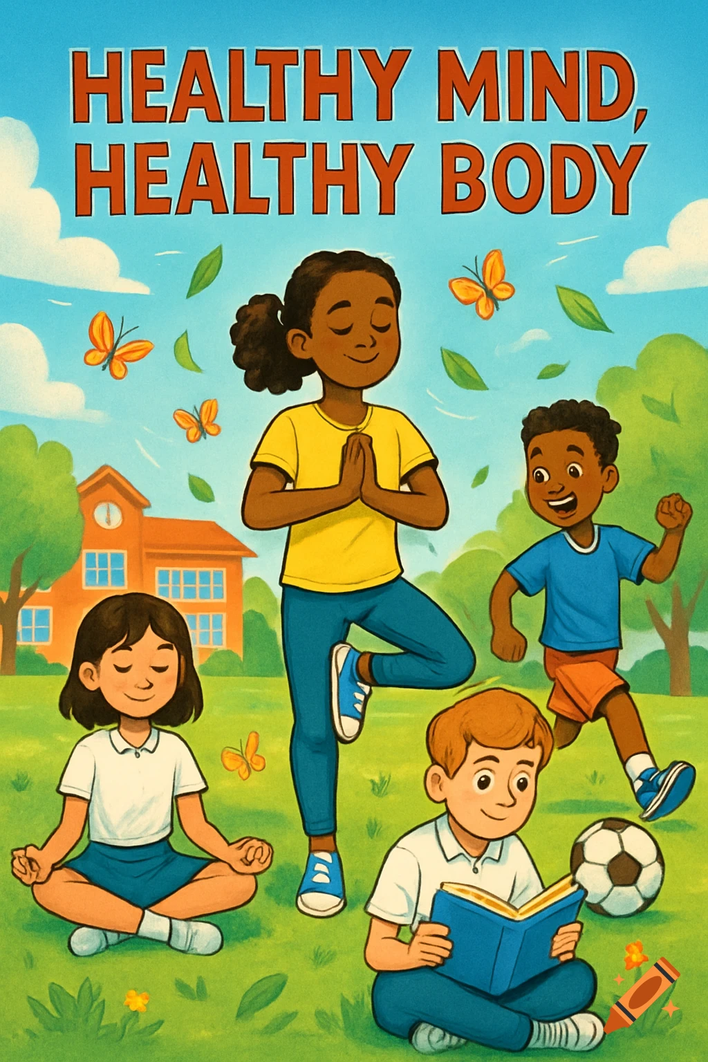 Cartoon illustration of diverse children doing yoga, reading, and running in a park, with the text 'HEALTHY MIND, HEALTHY BODY'.