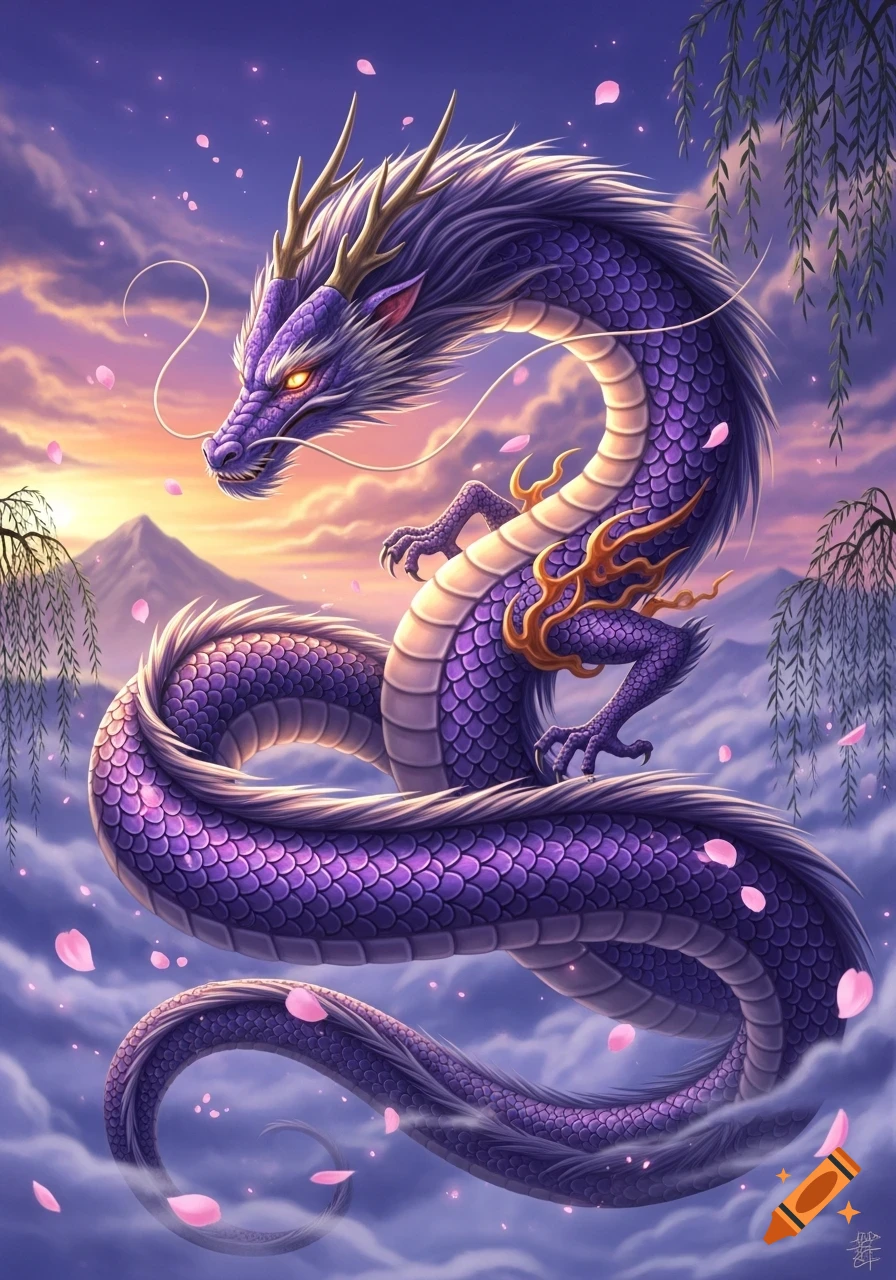 A majestic purple Japanese dragon with golden accents, soaring through a pastel sunset sky amidst floating cherry blossoms.