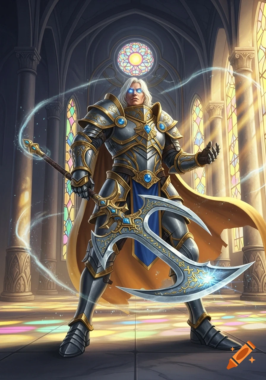 A powerful male paladin in ornate gold and silver armor with glowing blue eyes holds a magical glaive in a sunlit cathedral.