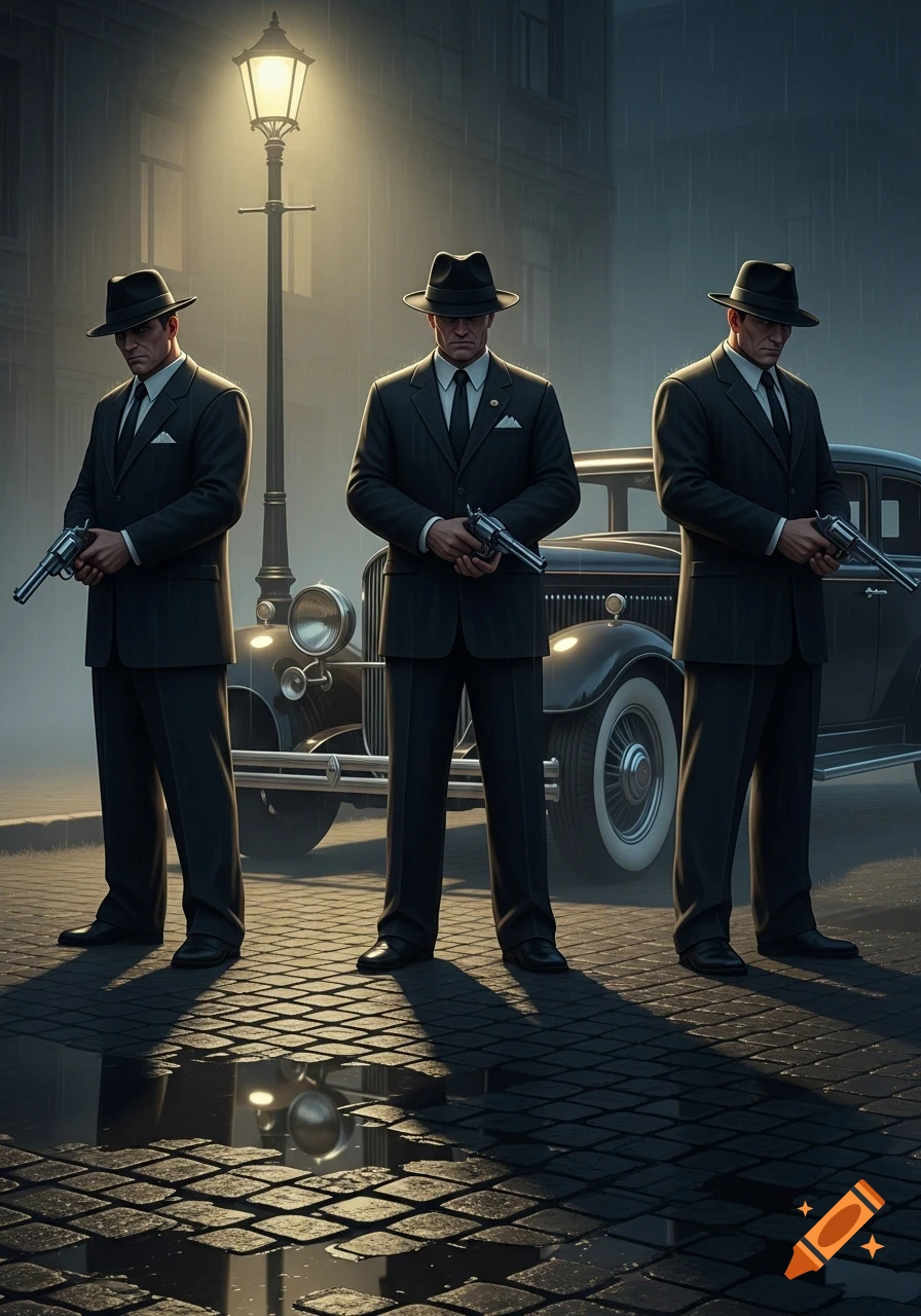 Three men in fedoras and suits holding revolvers stand on a rainy cobblestone street next to a vintage car under a streetlamp.