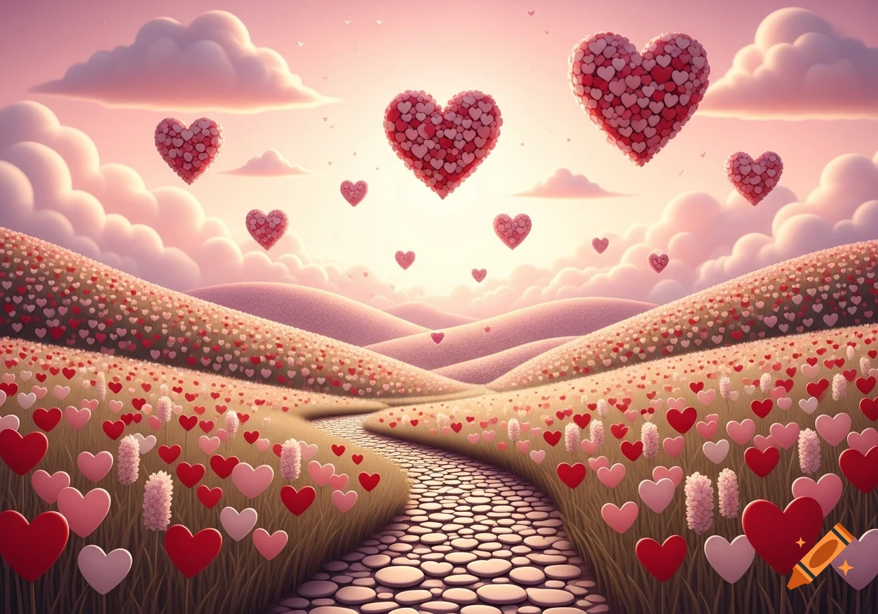A dreamy pink landscape with a cobblestone path winding through hills covered in heart-shaped flowers, under a sky with floating heart balloons.