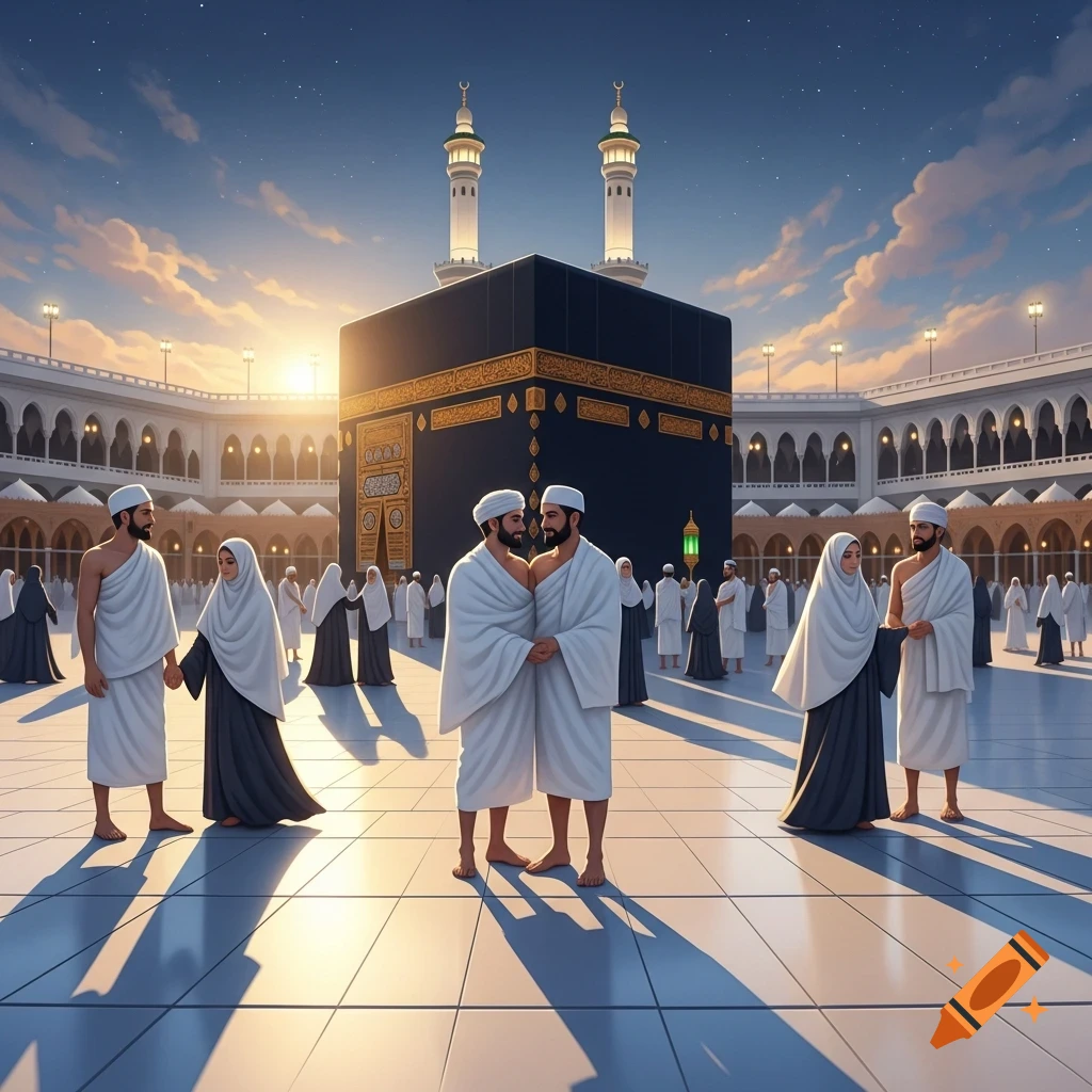 People in ihram robes gather around the Kaaba in Mecca under a sunset sky, with male and female pilgrims present.