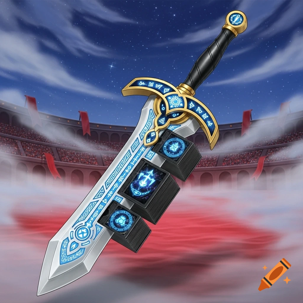 A stylized blue and gold sword with attached stacks of black playing cards, floating above a red-hued arena under a starry sky.