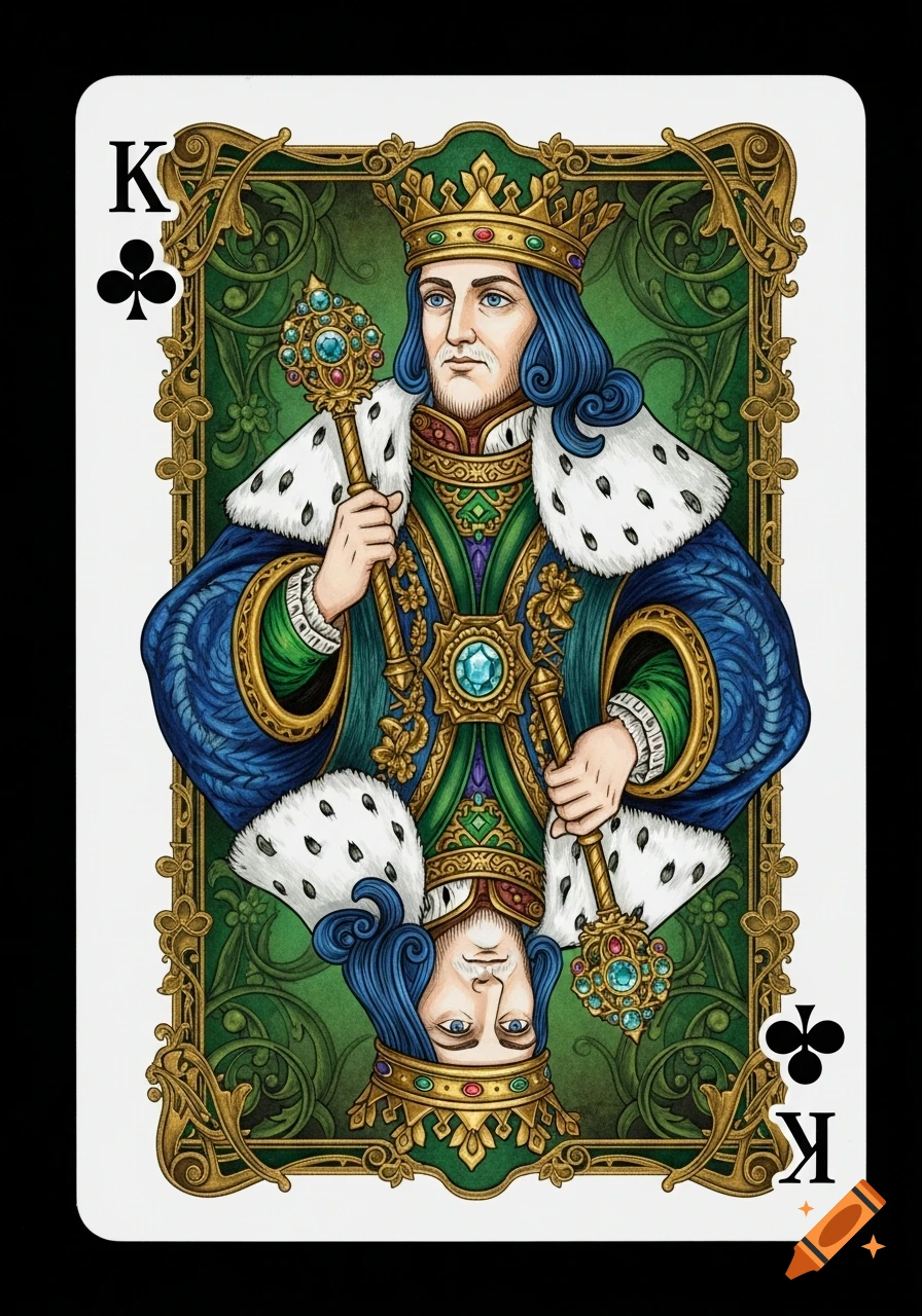 An ornate illustration of a King of Clubs playing card, featuring a regal king in a blue crown and robe.