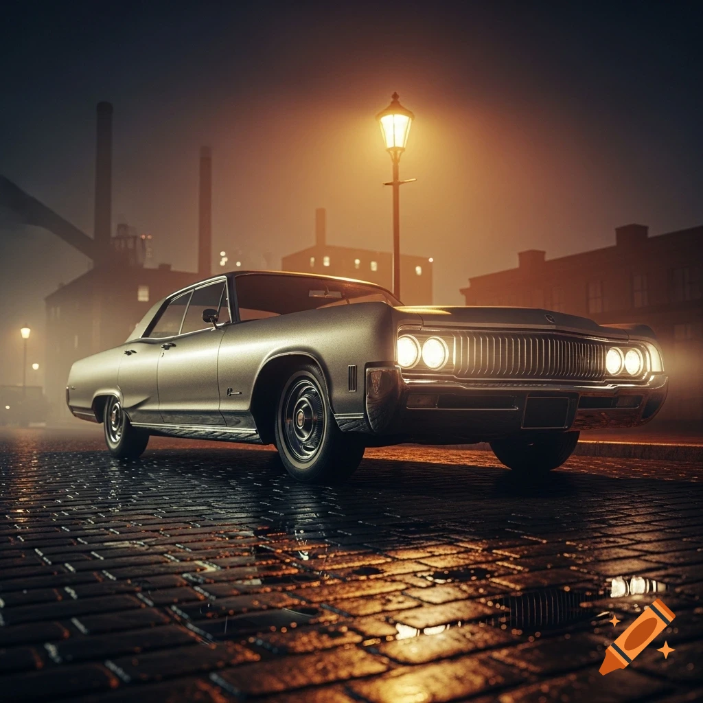 Classic car parked on a wet cobblestone street at night, lit by streetlights, with industrial buildings in the foggy background.