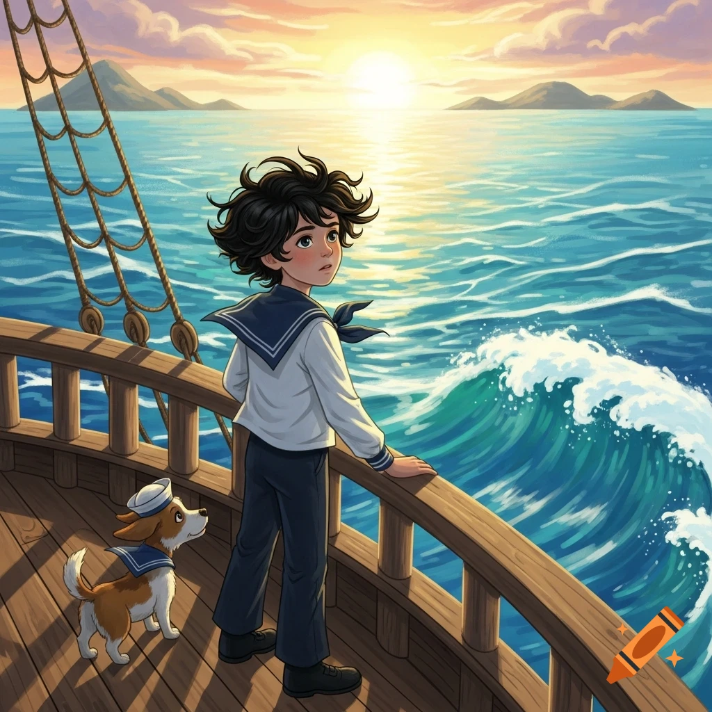 Cartoon boy in sailor suit and his dog on a ship's deck, looking out at a vibrant sunset over a wavy ocean.