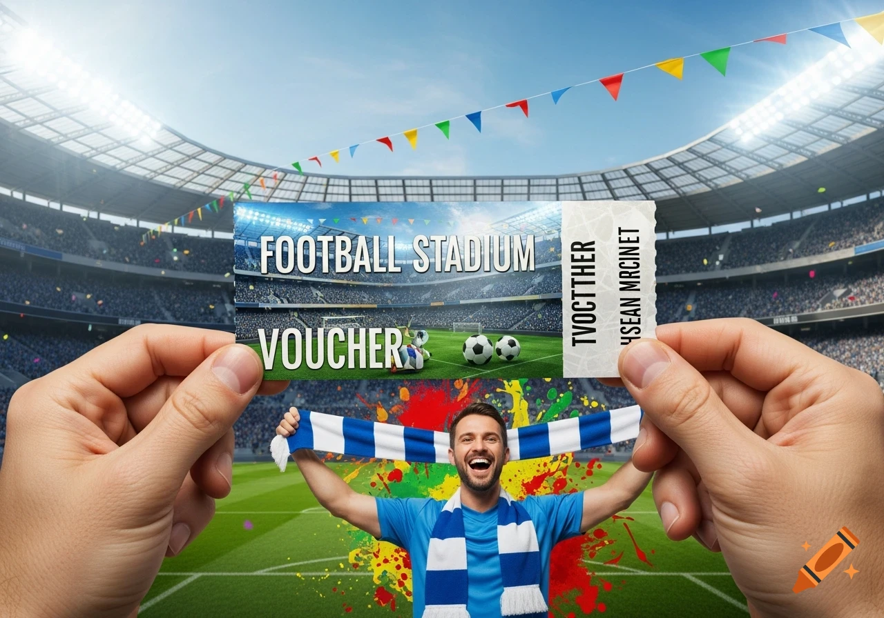 Hands hold a 'FOOTBALL STADIUM VOUCHER' in front of a smiling fan with a scarf in a bright football stadium.