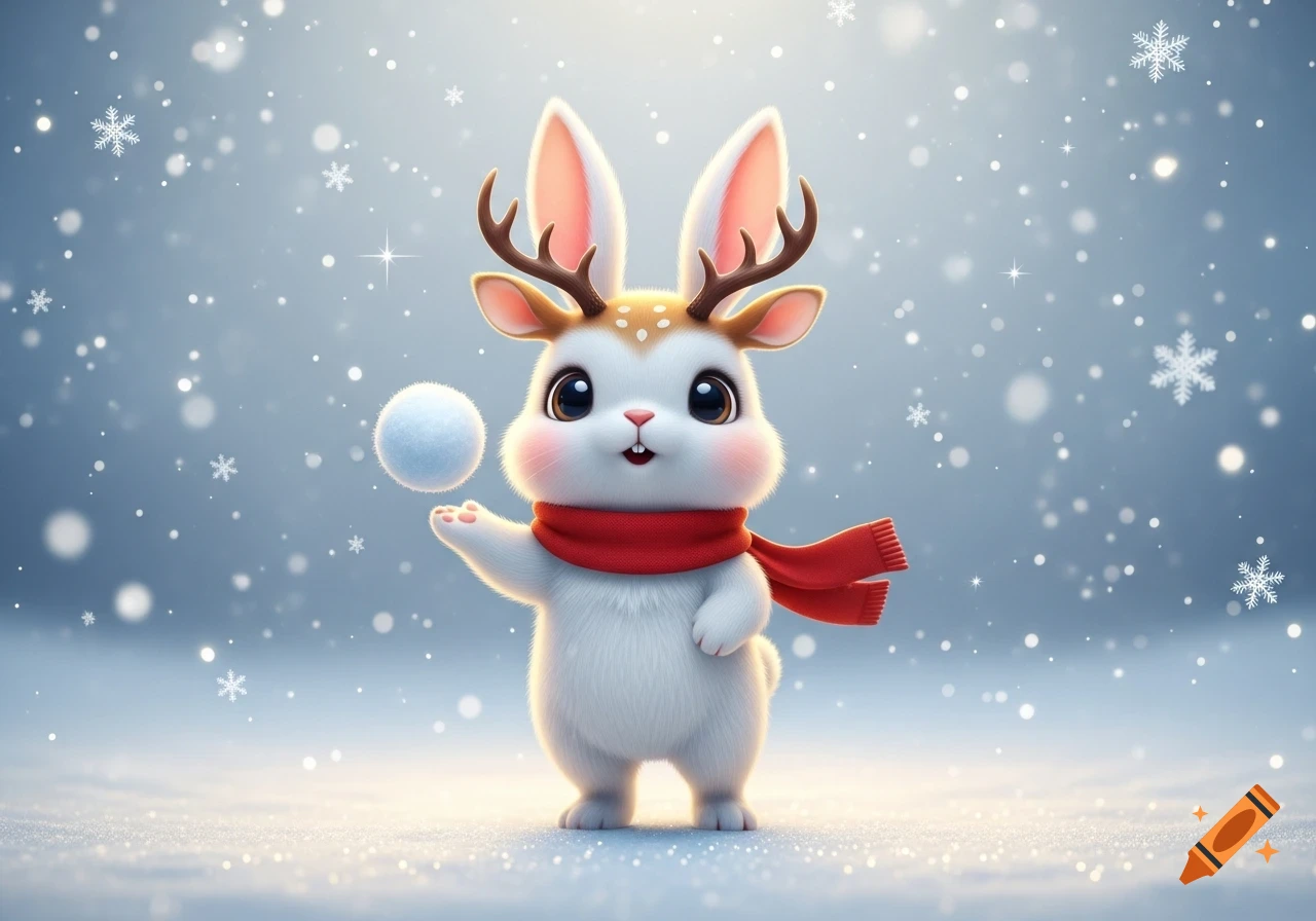 Cute 3D white rabbit with deer antlers and a red scarf, holding a ...
