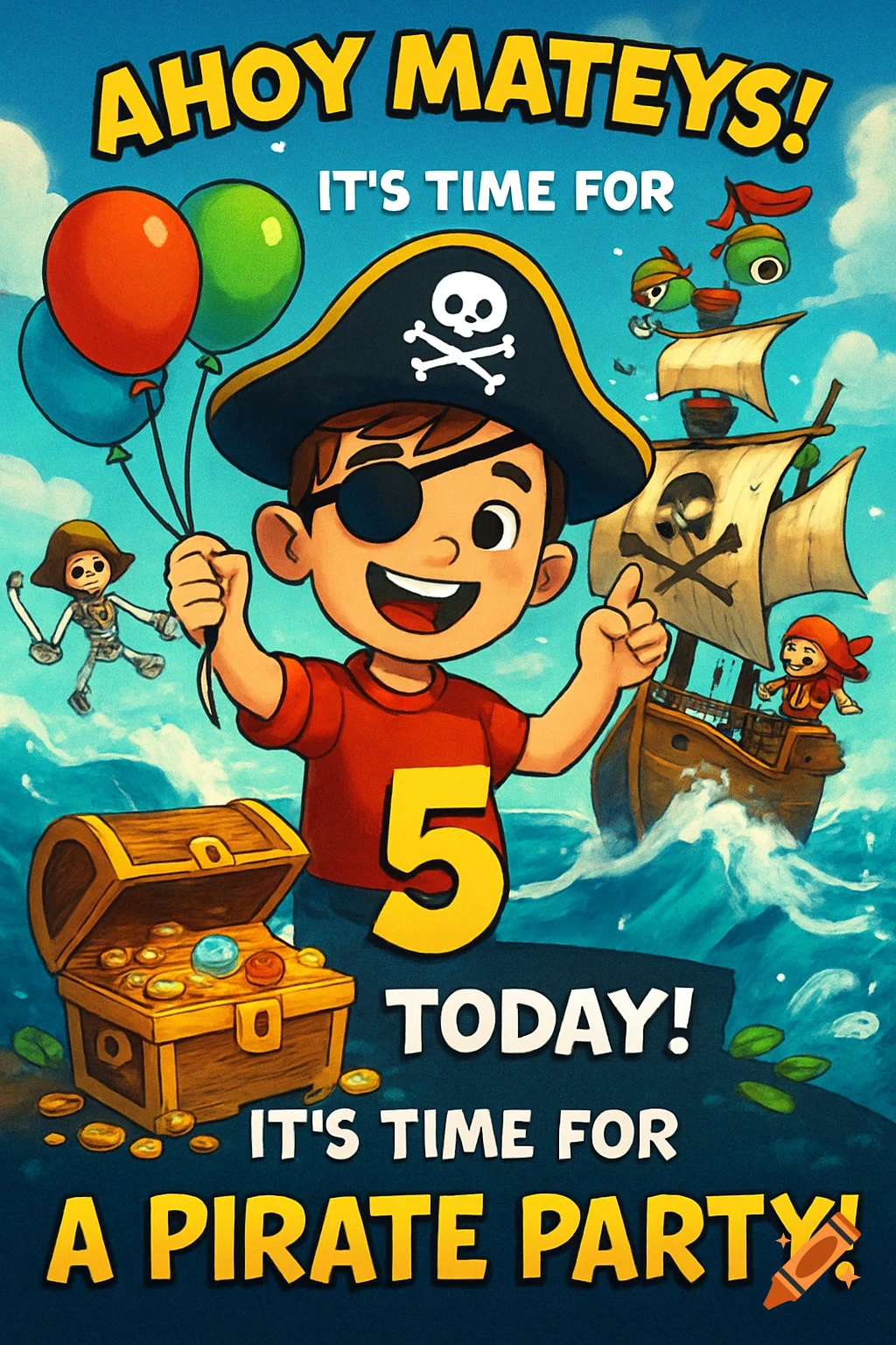 Cartoon pirate birthday invitation with a boy holding balloons, a treasure chest, and a pirate ship, saying 'AHOY MATEYS! IT'S TIME FOR 5 TODAY! IT'S TIME FOR A PIRATE PARTY!'