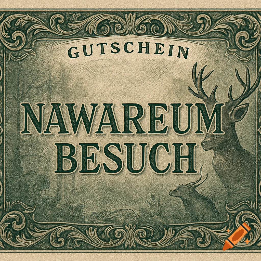 A vintage-style green voucher with ornate borders, featuring a deer and a forest background. The text reads "GUTSCHEIN NAWAREUM BESUCH".