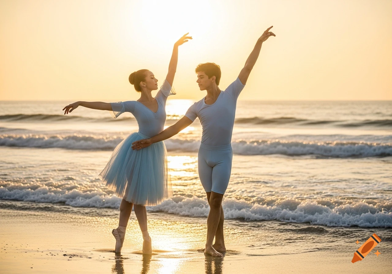 A ballet couple performs gracefully on a sandy beach at sunset, with waves gently rolling onto the shore.