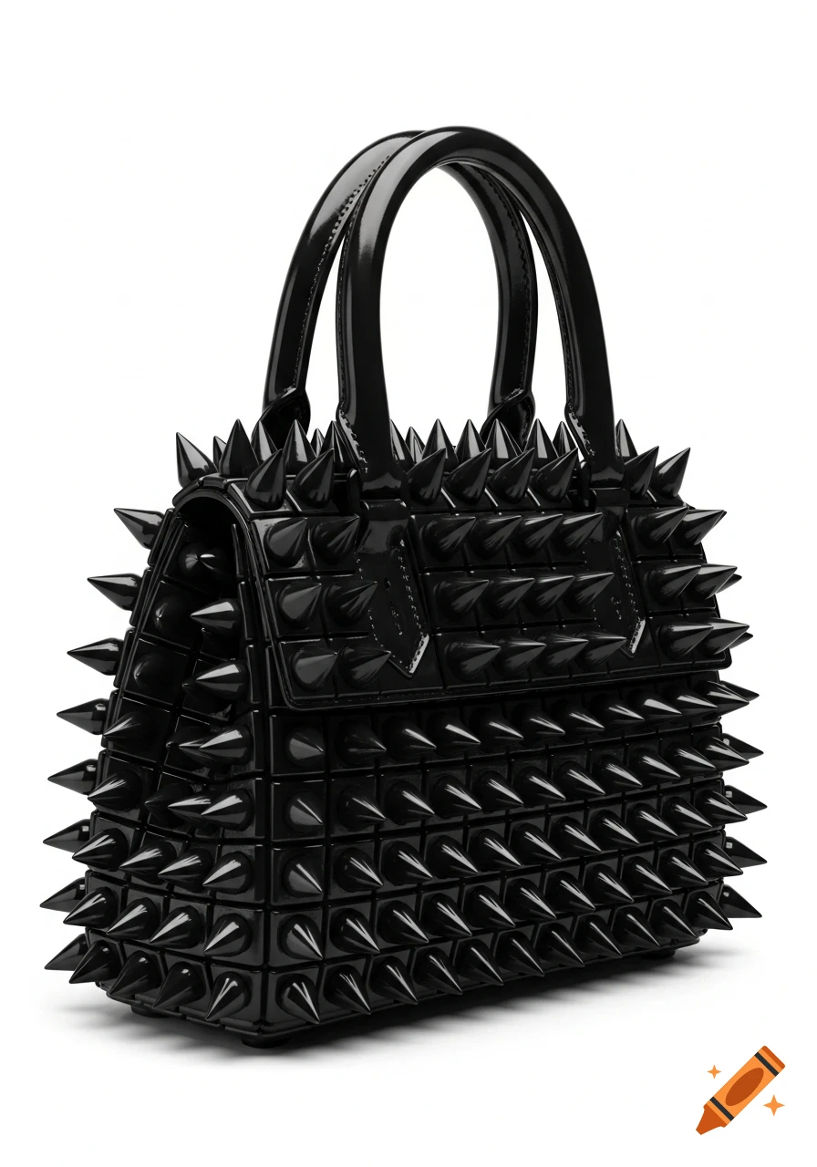A photorealistic black glossy handbag covered in sharp spikes, against a pure white background.