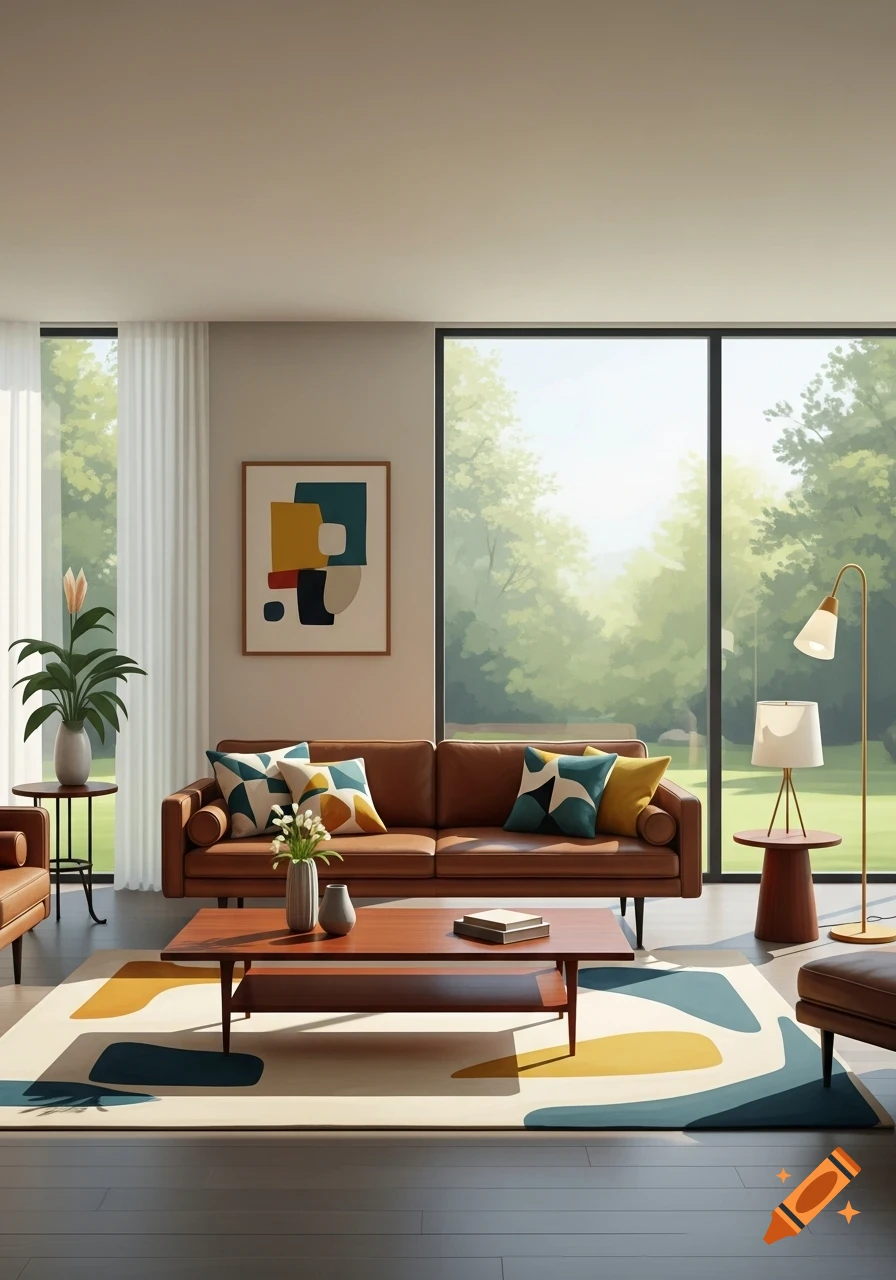 A modern living room with a brown leather sofa, colorful pillows, a wooden coffee table, and large windows overlooking a lush garden.