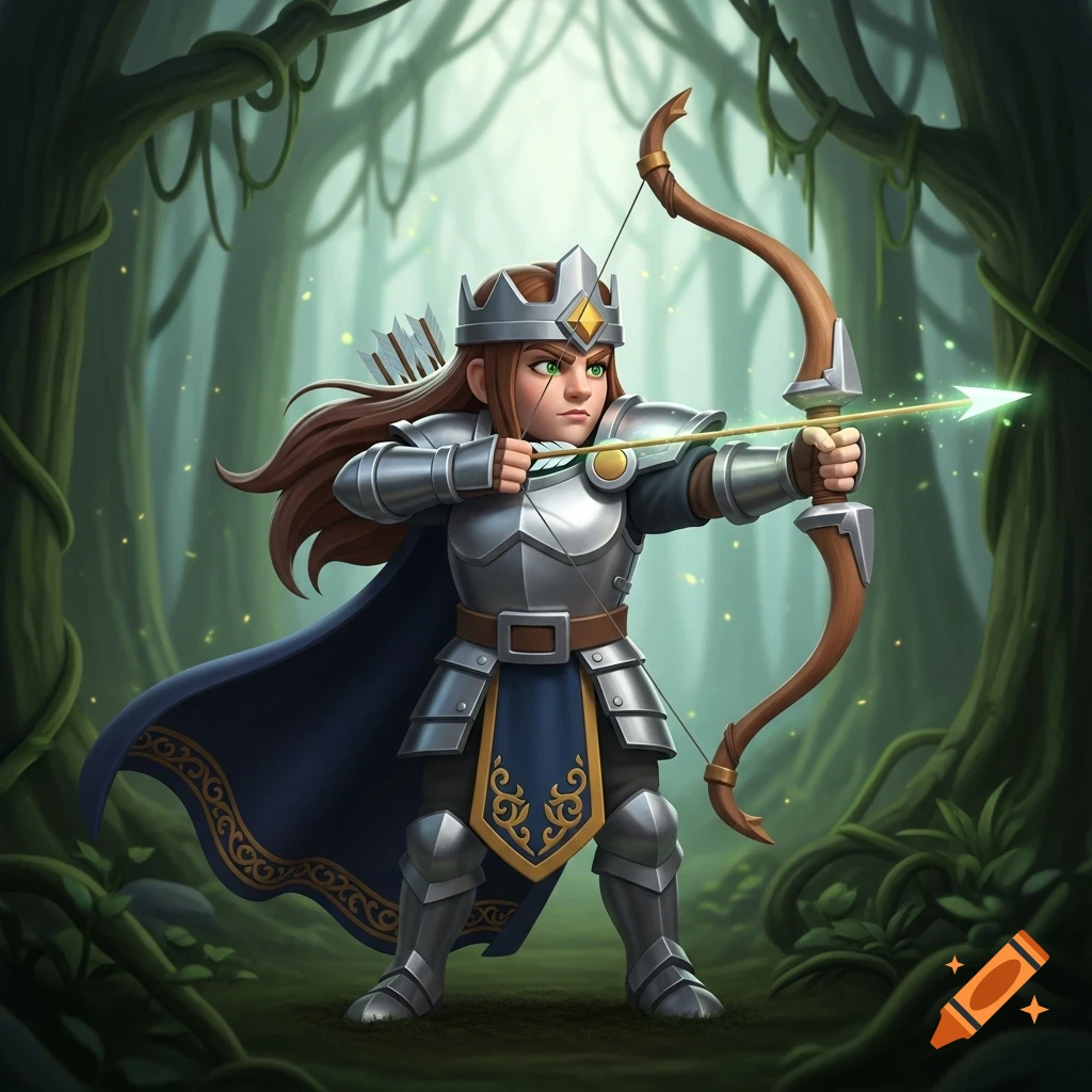 A stylized archer queen in silver armor with a blue cape holds a bow with a glowing green arrow in a magical forest.