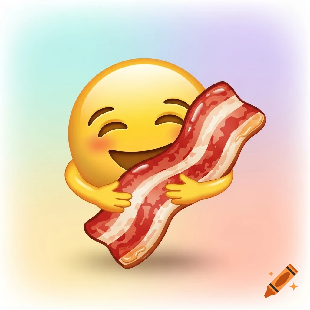 A happy yellow emoji with rosy cheeks hugs a strip of bacon on a colorful gradient background.