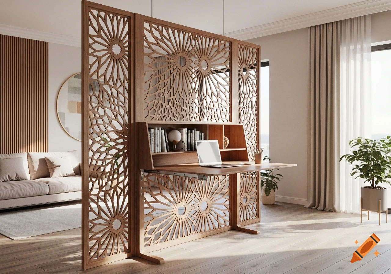Modern living space with a carved wooden room divider integrating a pull-out desk, laptop, books, and sofa.