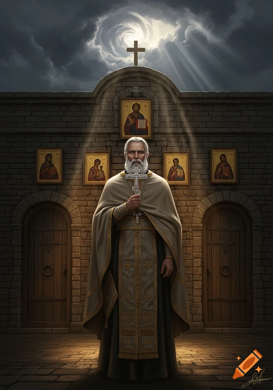 A white-bearded Orthodox priest stands holding a cross in front of a stone church with icons under dramatic, swirling clouds and sunrays.