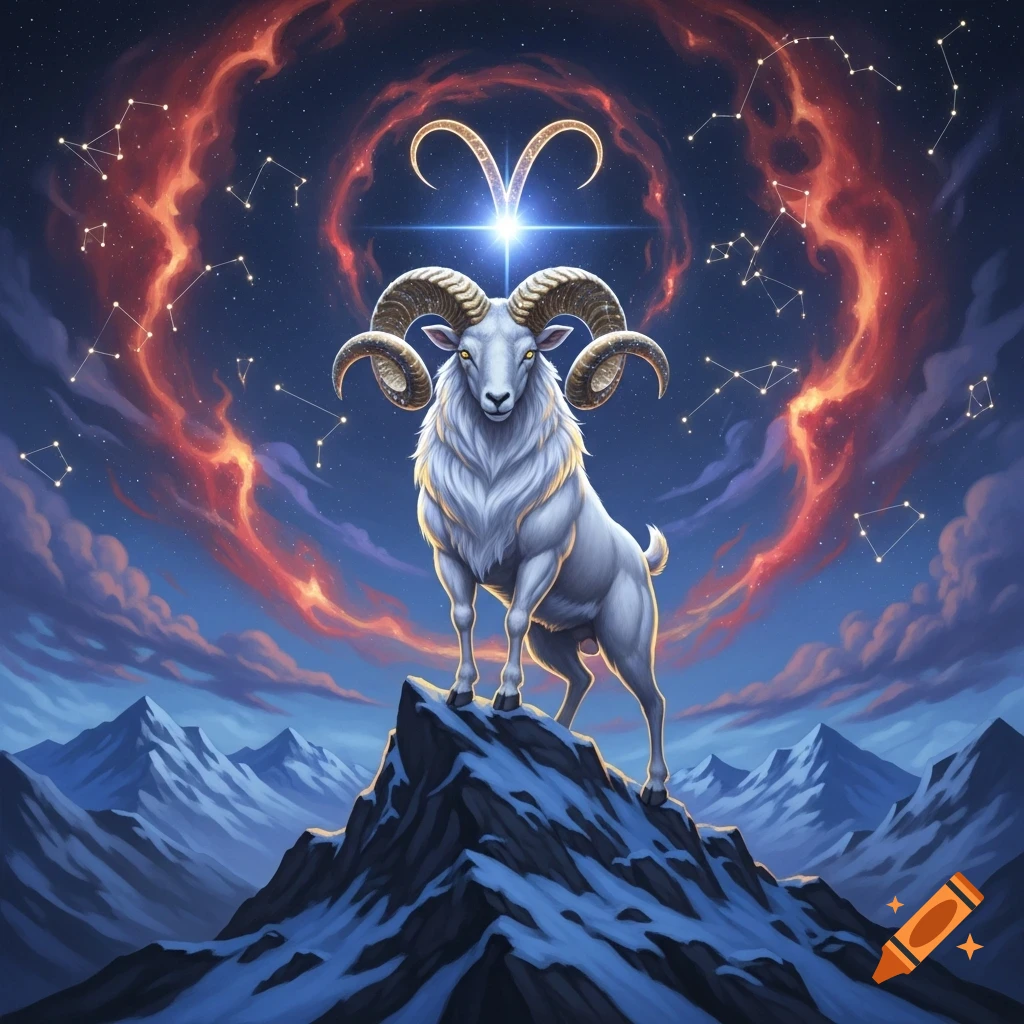 A majestic white ram with large horns stands atop a snowy mountain peak under a cosmic night sky with the glowing Aries zodiac symbol and constellations.