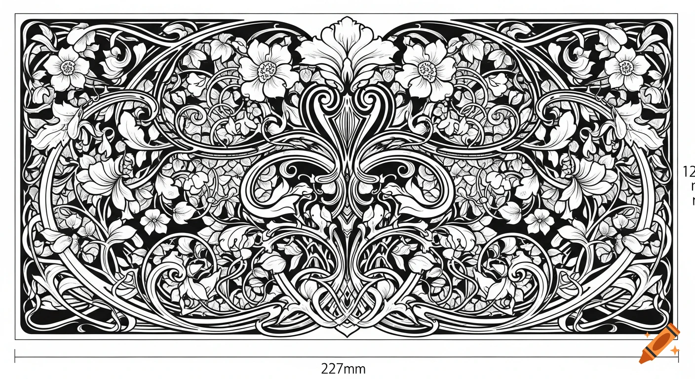 Black and white Art Nouveau floral pattern with intricate swirling lines, stylized leaves, and blossoms symmetrically arranged around a central ornate motif.