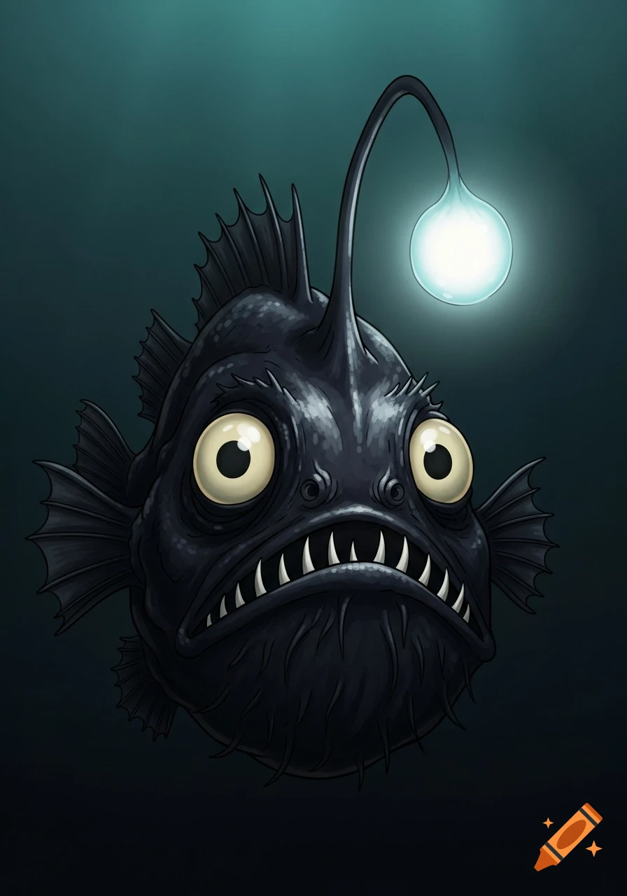 A Ghibli-inspired illustration of a deep black anglerfish with enormous eyes, sharp teeth, and a brightly glowing bioluminescent lure in dark water.