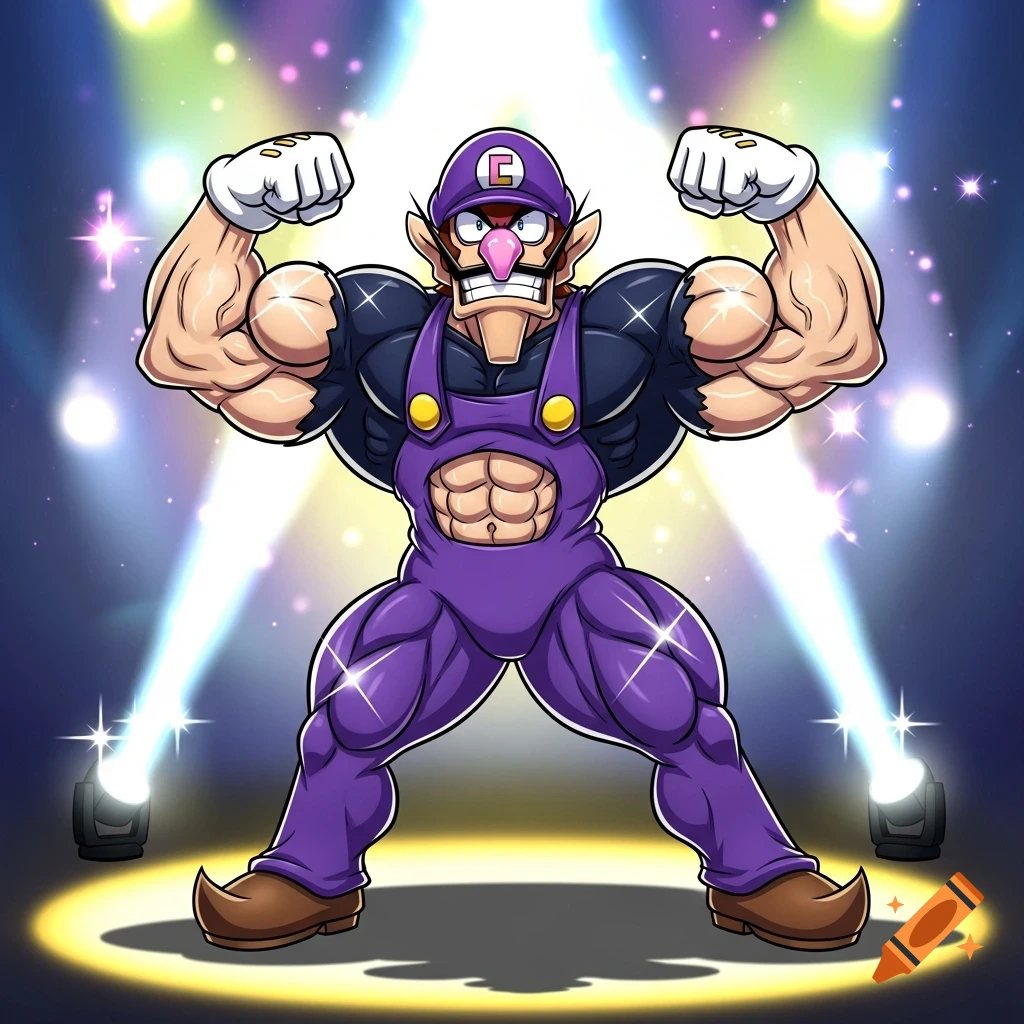 Waluigi, a cartoon video game character, flexes his exaggerated muscles on a brightly lit stage.