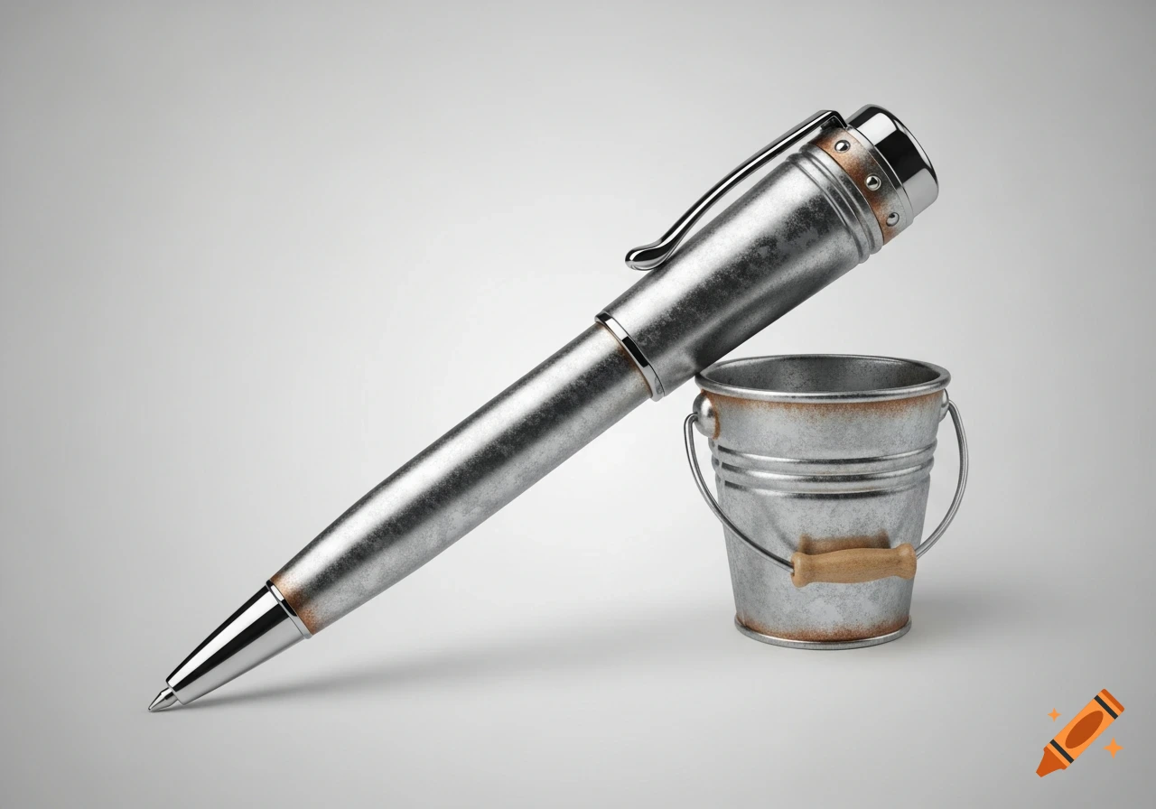 Photorealistic rusty metallic fountain pen leaning against a matching small bucket on a gradient white background.