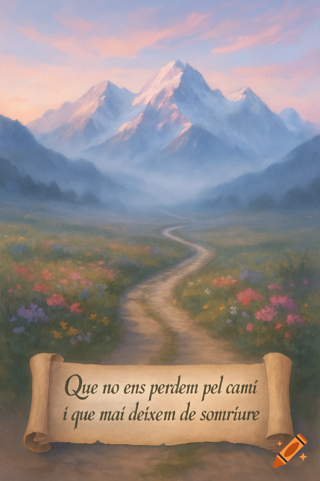Painterly landscape with a path through a flower-filled meadow, leading to misty mountains at sunrise. A scroll with text is in the foreground.